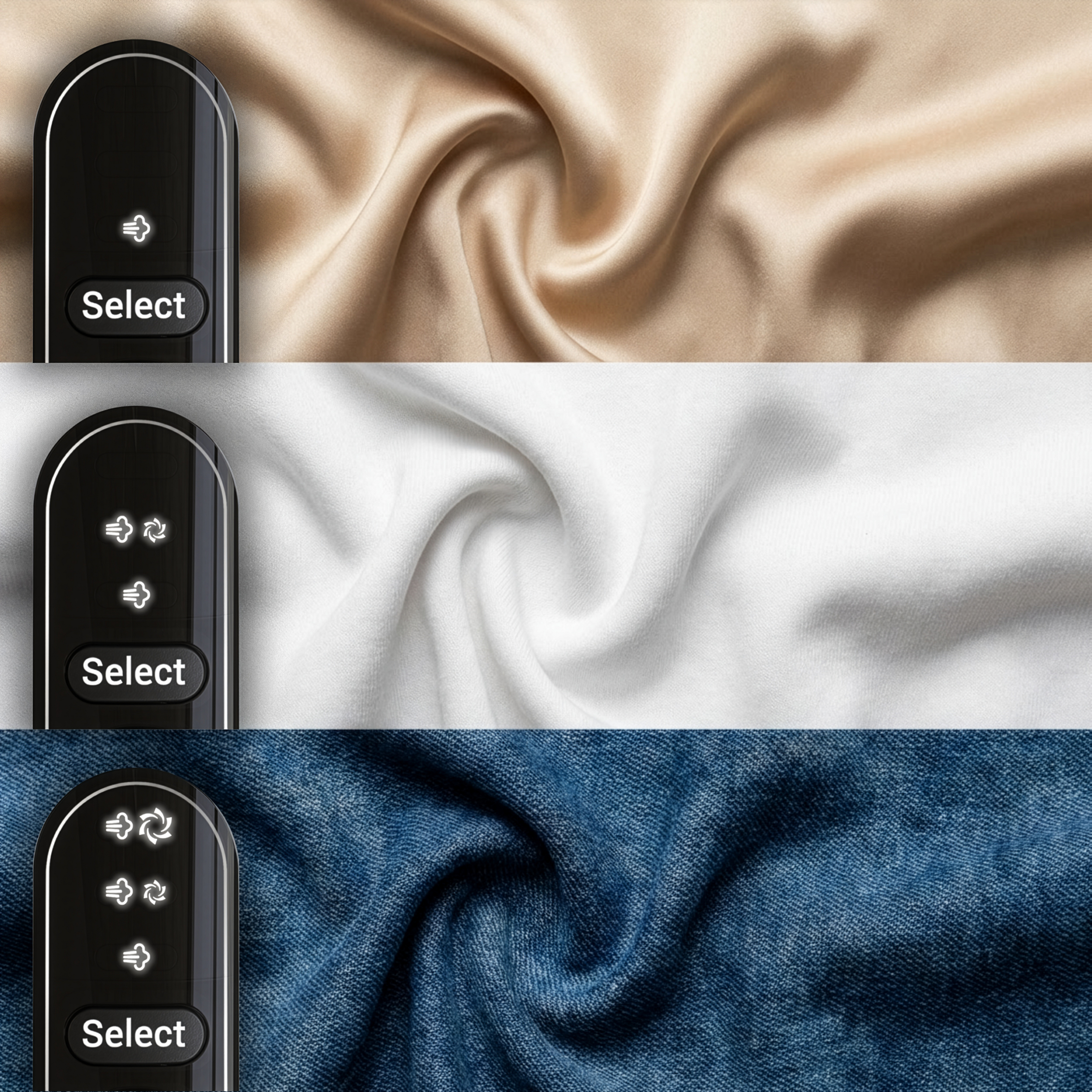 Drei Stoffmuster: Satin, Baumwolle, Denim, mit schwarzen Bedienelementen.