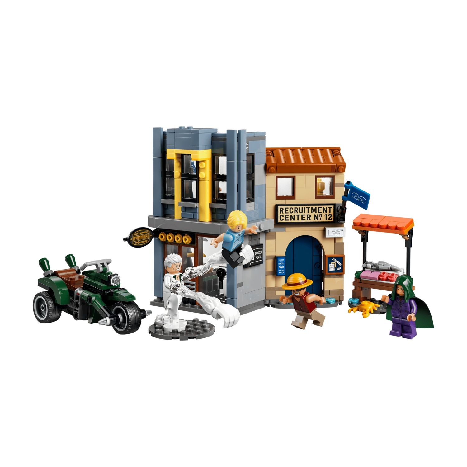 Set Lego con figure, un edificio, una moto e una bancarella.
