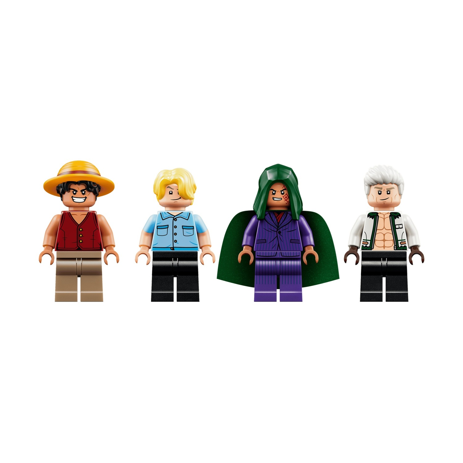 Quattro figure Lego: una con gilet rosso, cappello di paglia; camicia blu; abito viola con mantello verde.