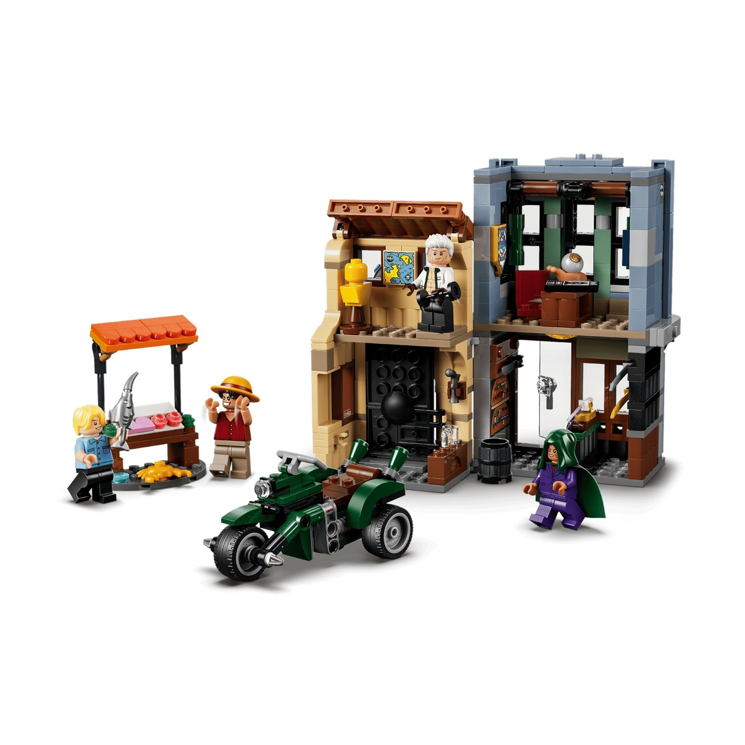 Scena Lego con edificio, moto e quattro figure su sfondo bianco.