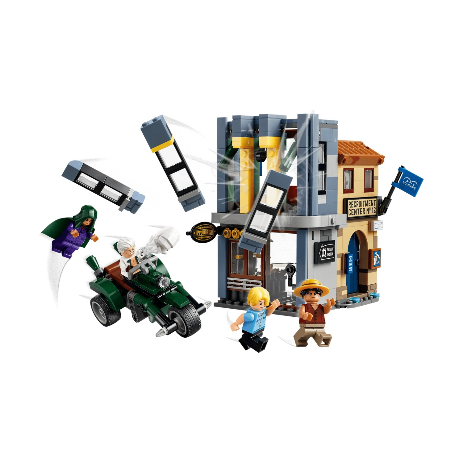Personaggi Lego in azione: una moto verde con figura, una figura viola e due figure che corrono vicino a un edificio.