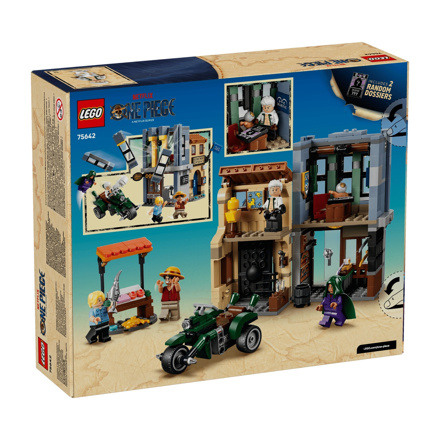 Set Lego con figure, veicoli ed edifici di One Piece.