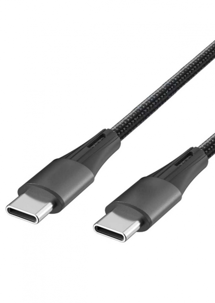 Egy fekete USB-C kábel két csatlakozóval fehér háttéren.