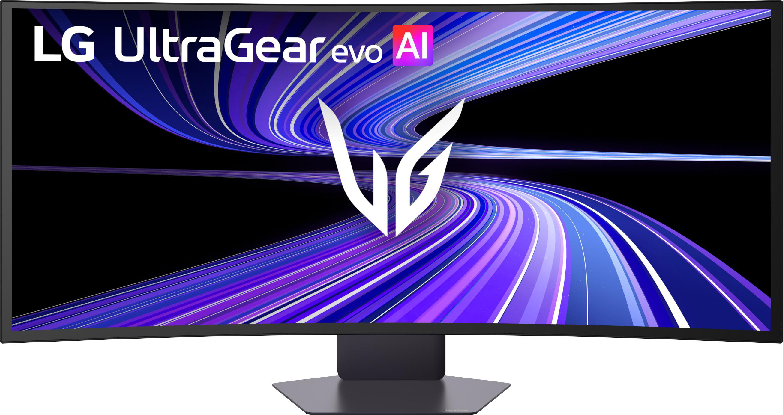Ein gekrümmter LG UltraGear Monitor mit einem weißen Logo und lila/blauen Streifen.