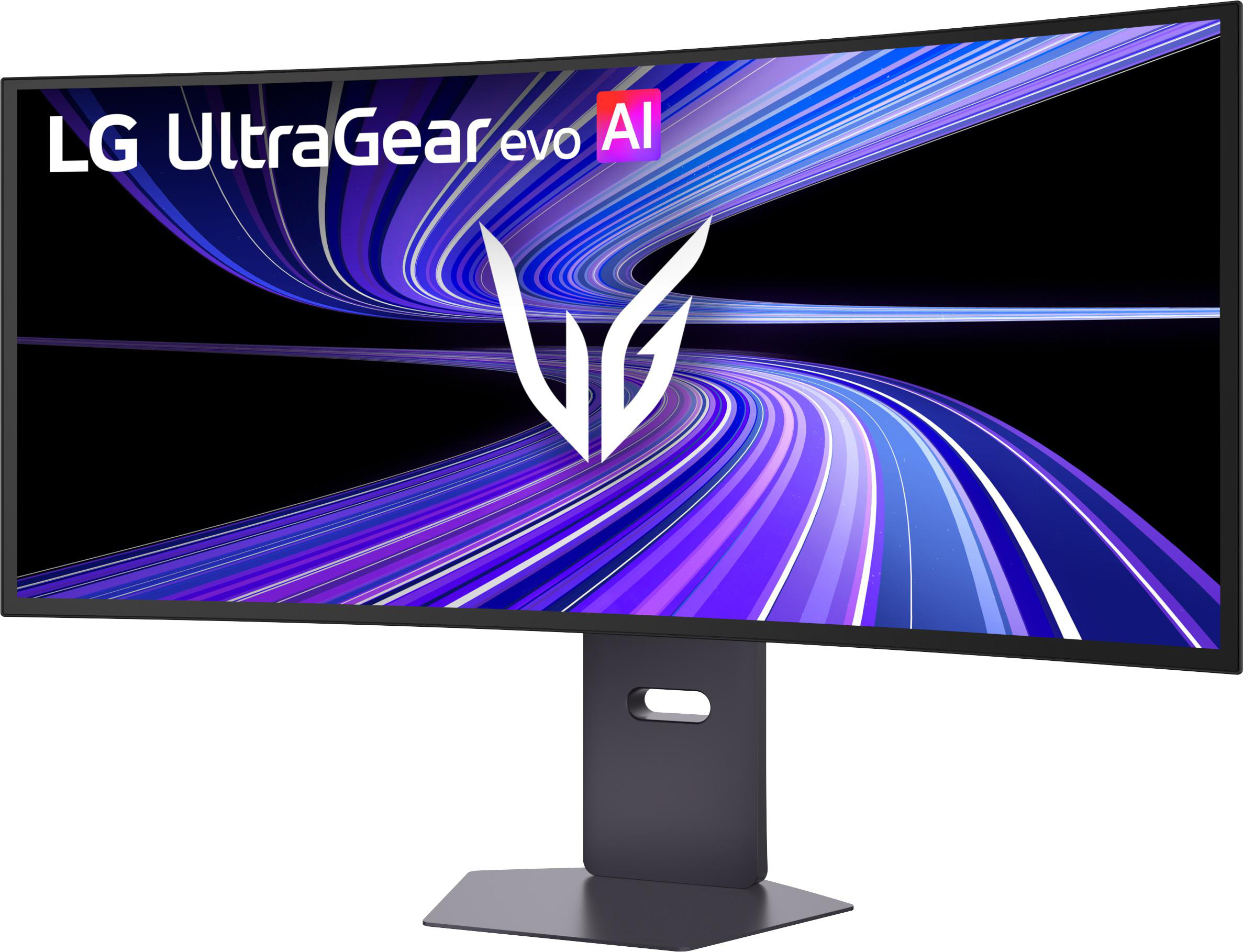 Ein gebogener LG UltraGear Monitor mit einem abstrakten violett-blauen Hintergrund.