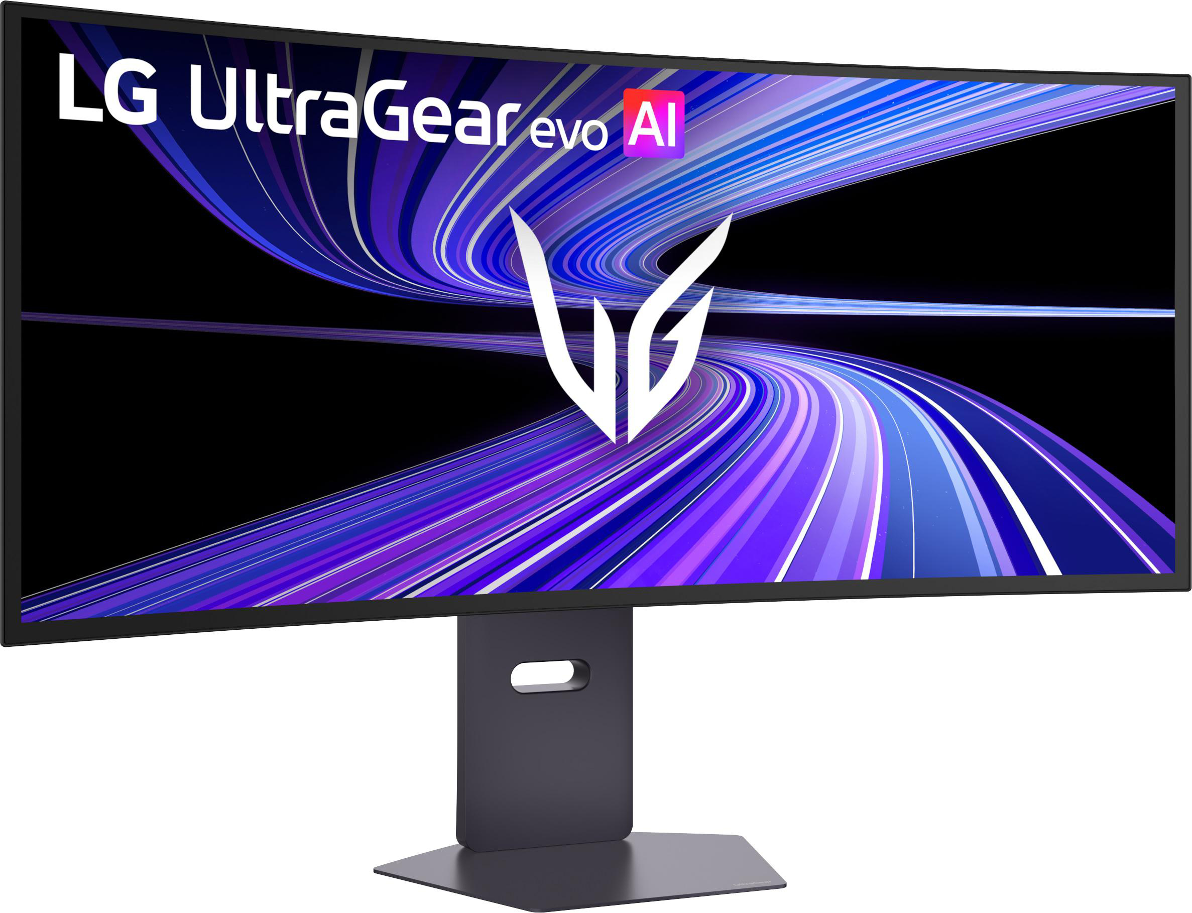 Ein gekrümmter LG UltraGear Monitor mit einem abstrakten, neonfarbenen Hintergrund.