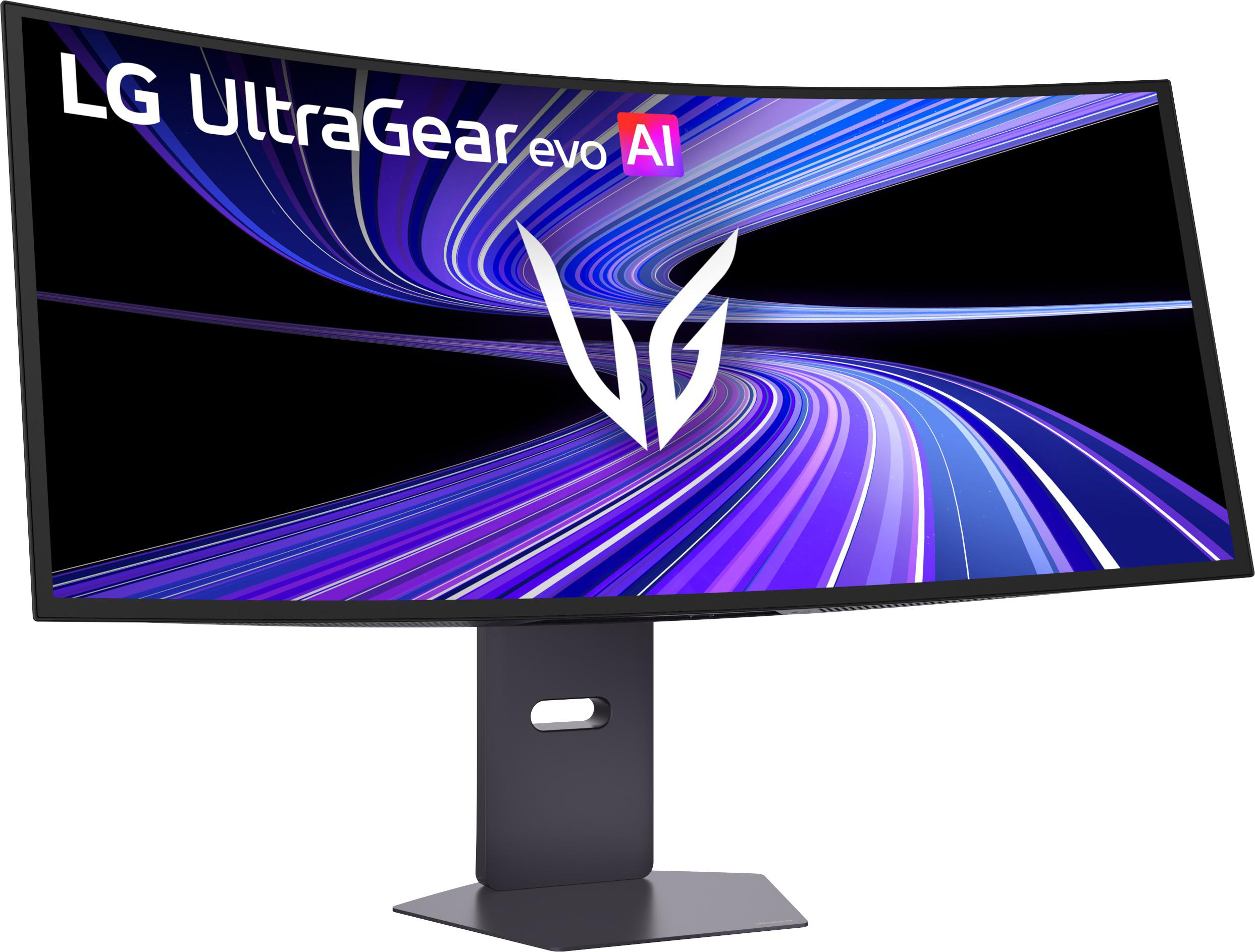 Ein gebogener LG UltraGear Monitor mit einem abstrakten, violett-blauen Wellenmuster auf dem Bildschirm.