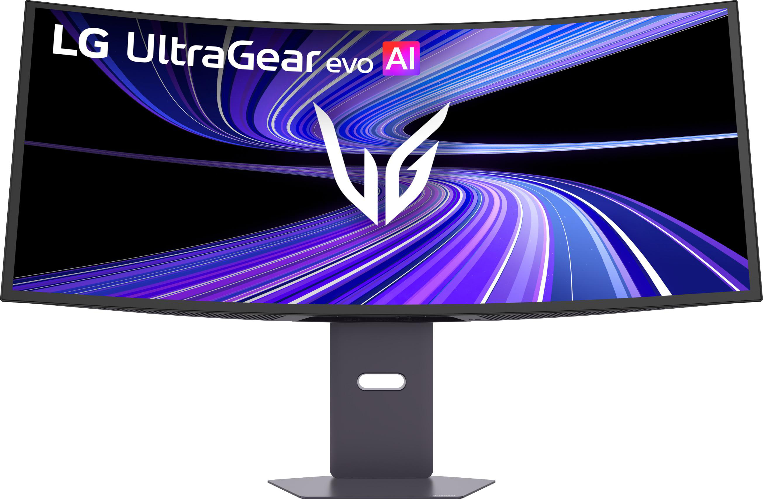 Ein gebogener LG UltraGear Monitor mit einem violett-blauen Streifenmuster.