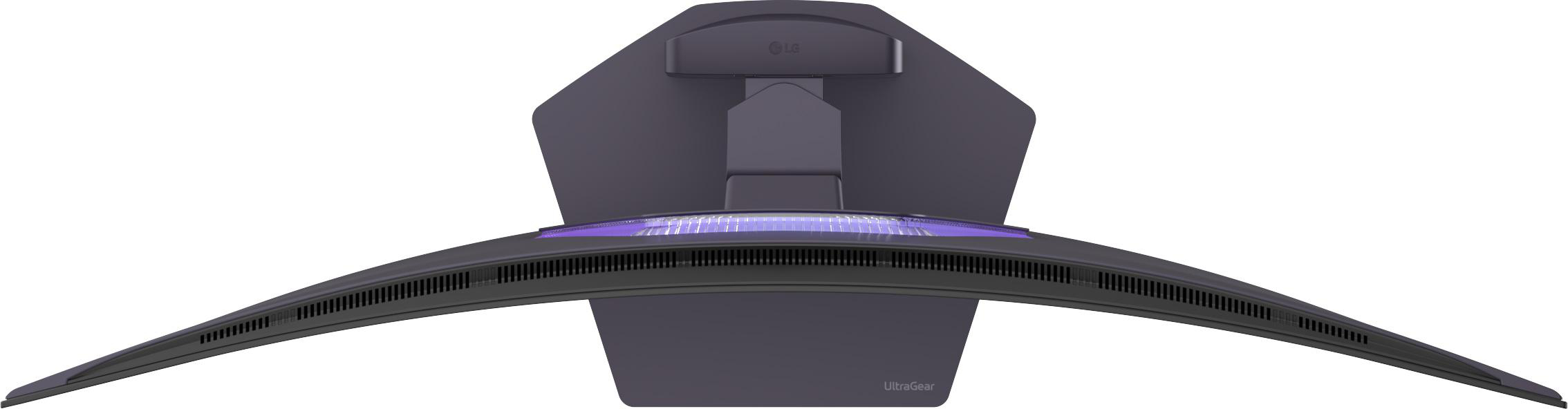 Ein gekrümmter, dunkler Monitor mit einem LG-Logo und lila Akzenten.