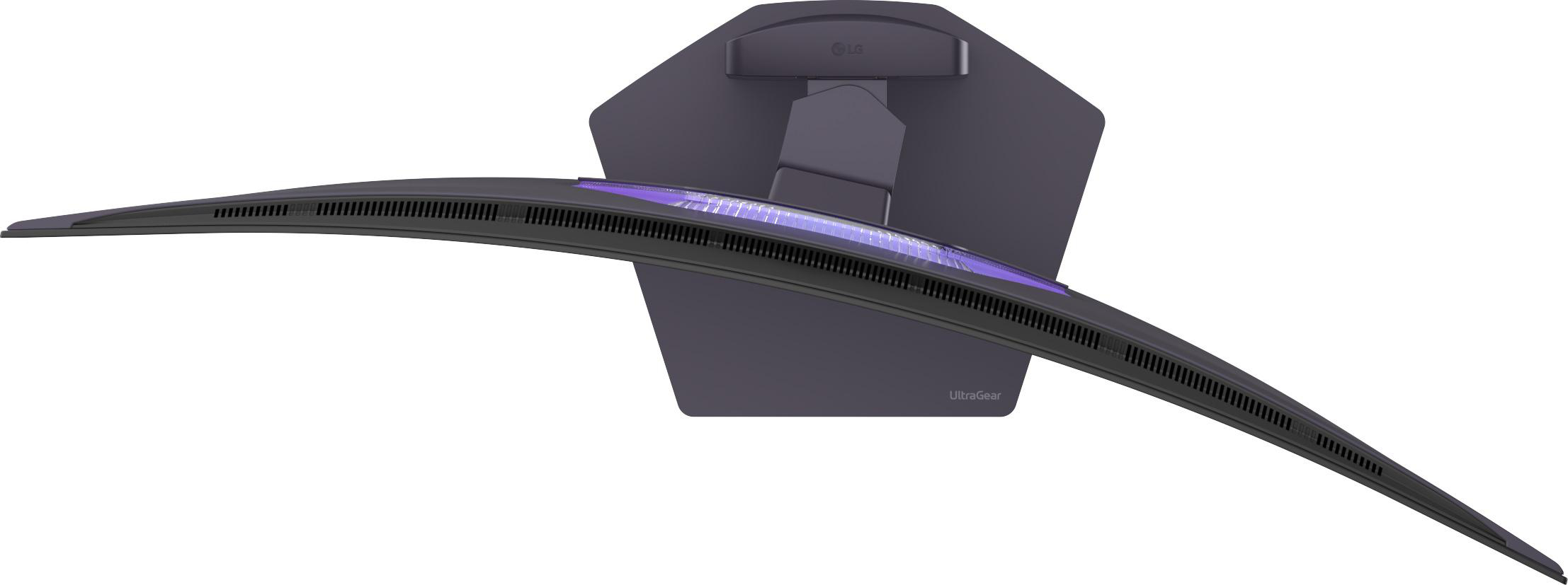 Ein gekrümmter Monitor mit LG-Logo und violettem Licht.