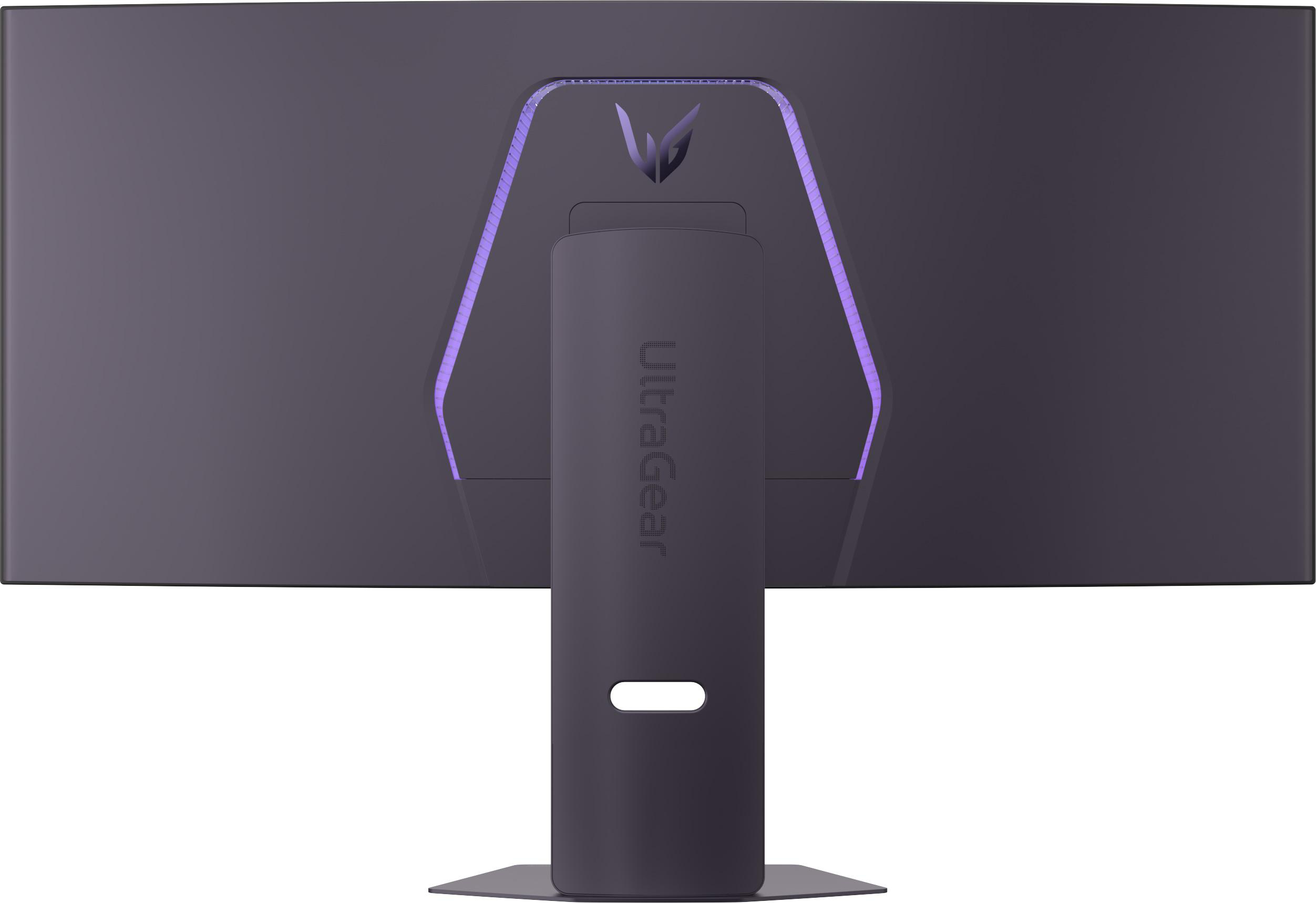 Rückseite eines grauen Monitors mit LG UltraGear Logo und violetter Beleuchtung.