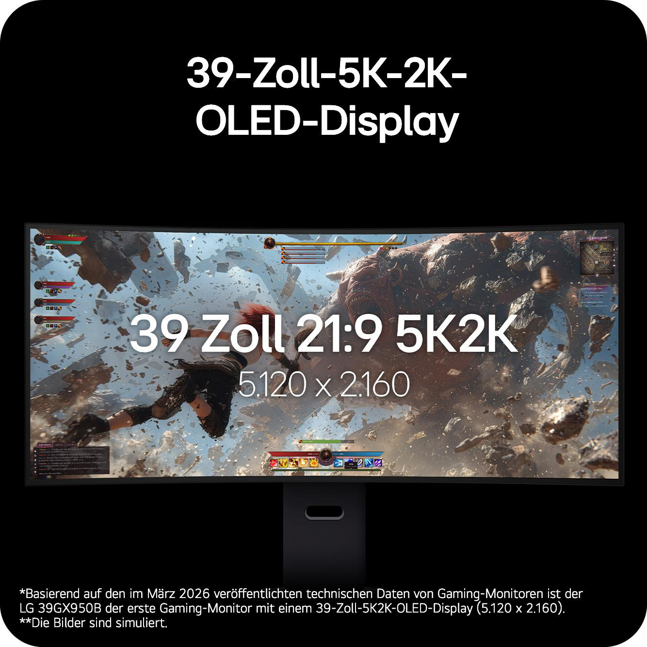 Ein 39-Zoll-OLED-Gaming-Display mit 5K2K-Auflösung zeigt eine Spielszene.