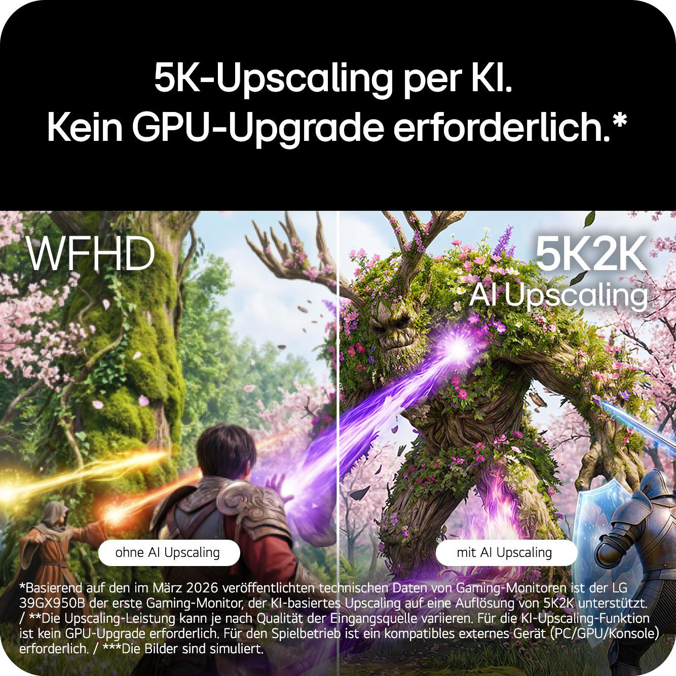 Vergleich von WFHD ohne KI-Upscaling und 5K2K mit KI-Upscaling. Ein Krieger kämpft gegen einen Baum-Golem.