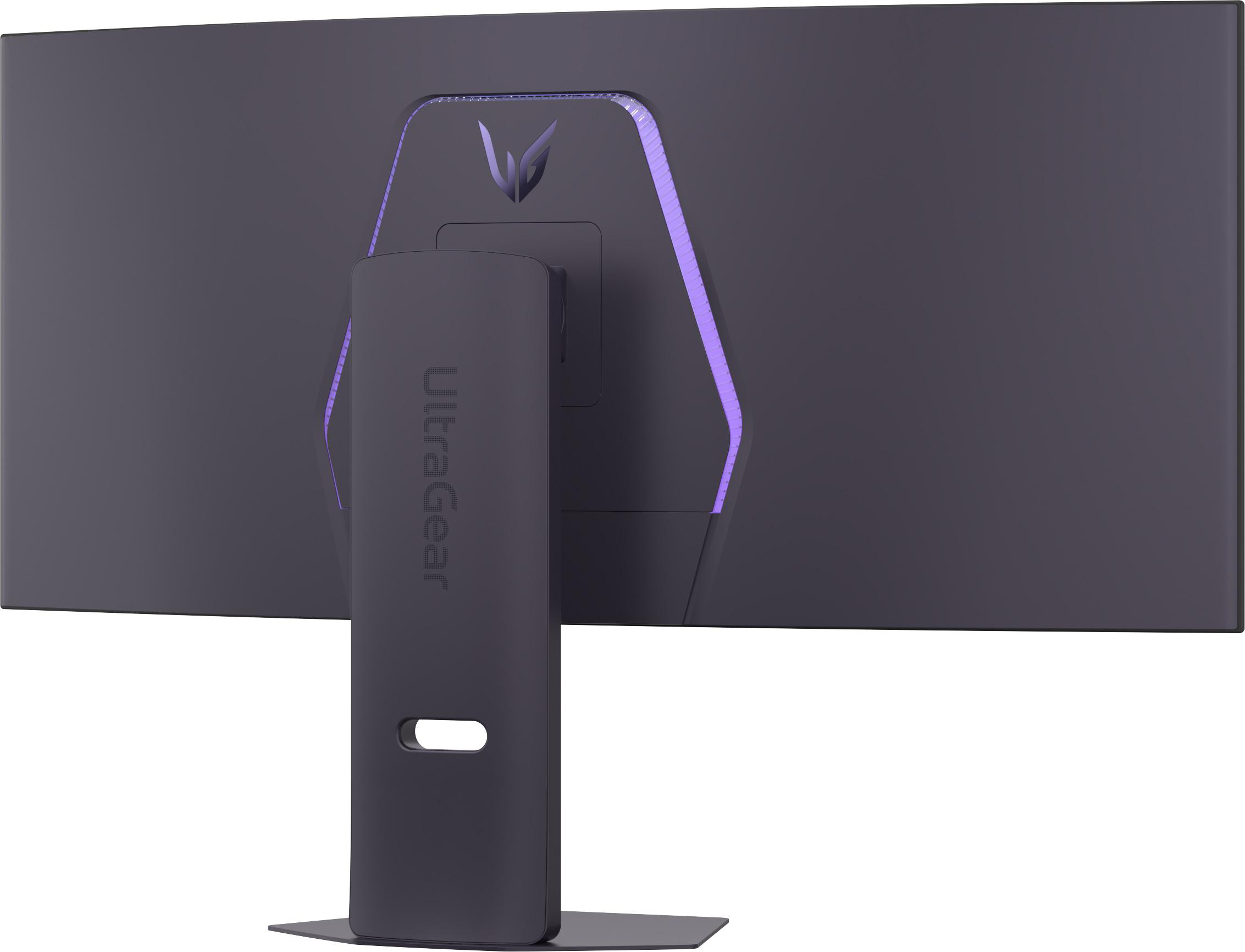 Rückseite eines dunklen Monitors mit RGB-Beleuchtung am Ständer und Logo.