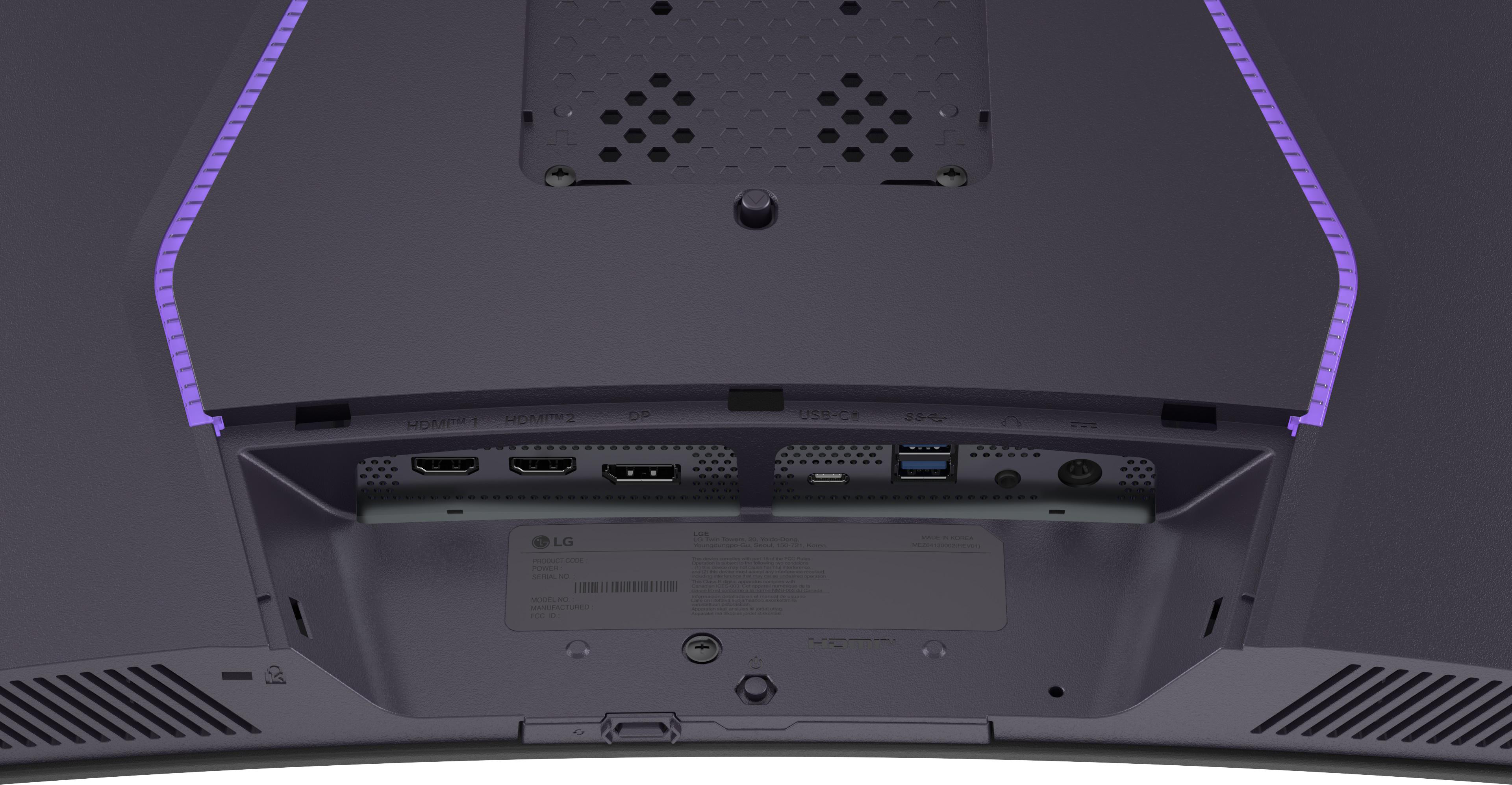 Rückseite eines Monitors mit Anschlüssen: HDMI, DP, USB-C, SS, Kopfhörer.