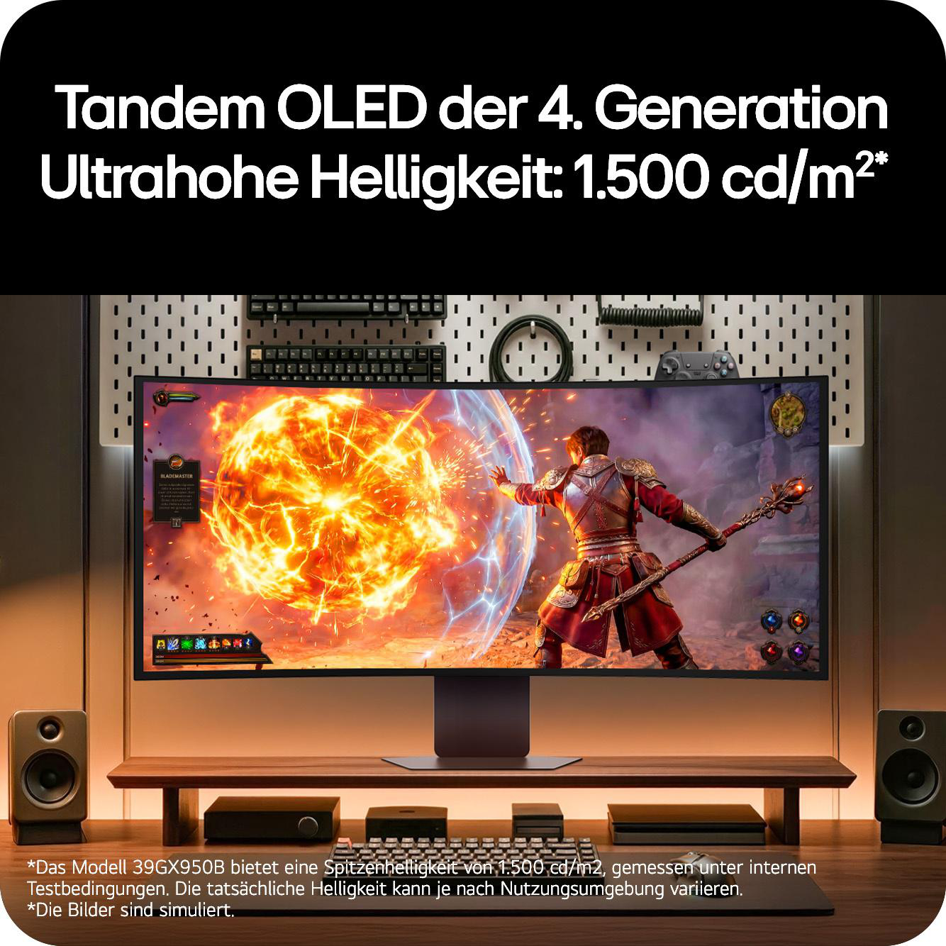 Ein Mann in Rüstung mit Stab steht vor einem explodierenden Ball auf einem gekrümmten Monitor.