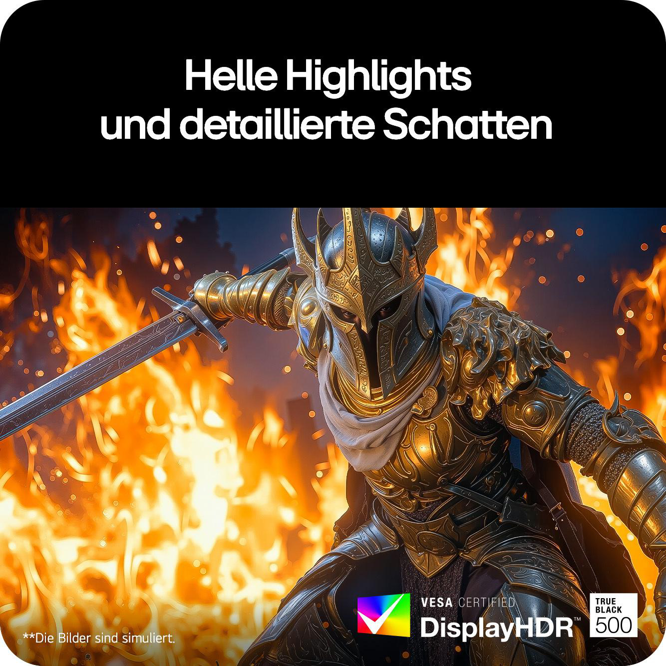 Ein Krieger in goldener Rüstung mit einem Schwert vor Flammen.
