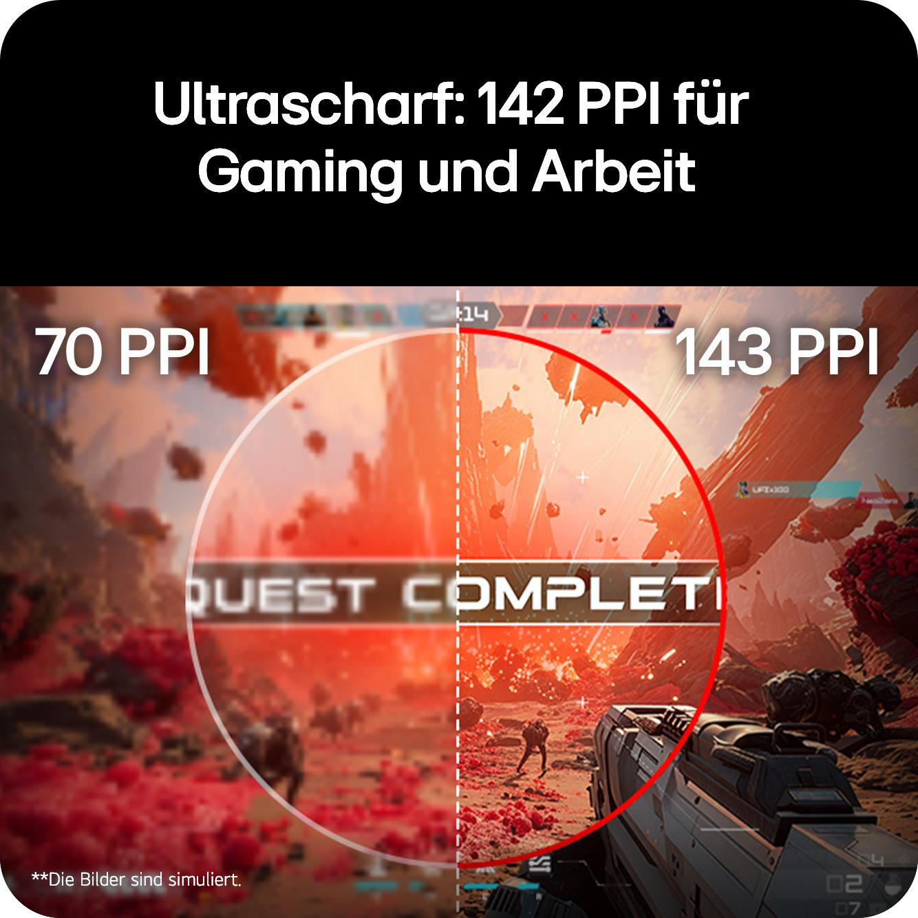 Vergleich von 70 PPI und 143 PPI in einem Spiel. 'Quest Complet' wird angezeigt.