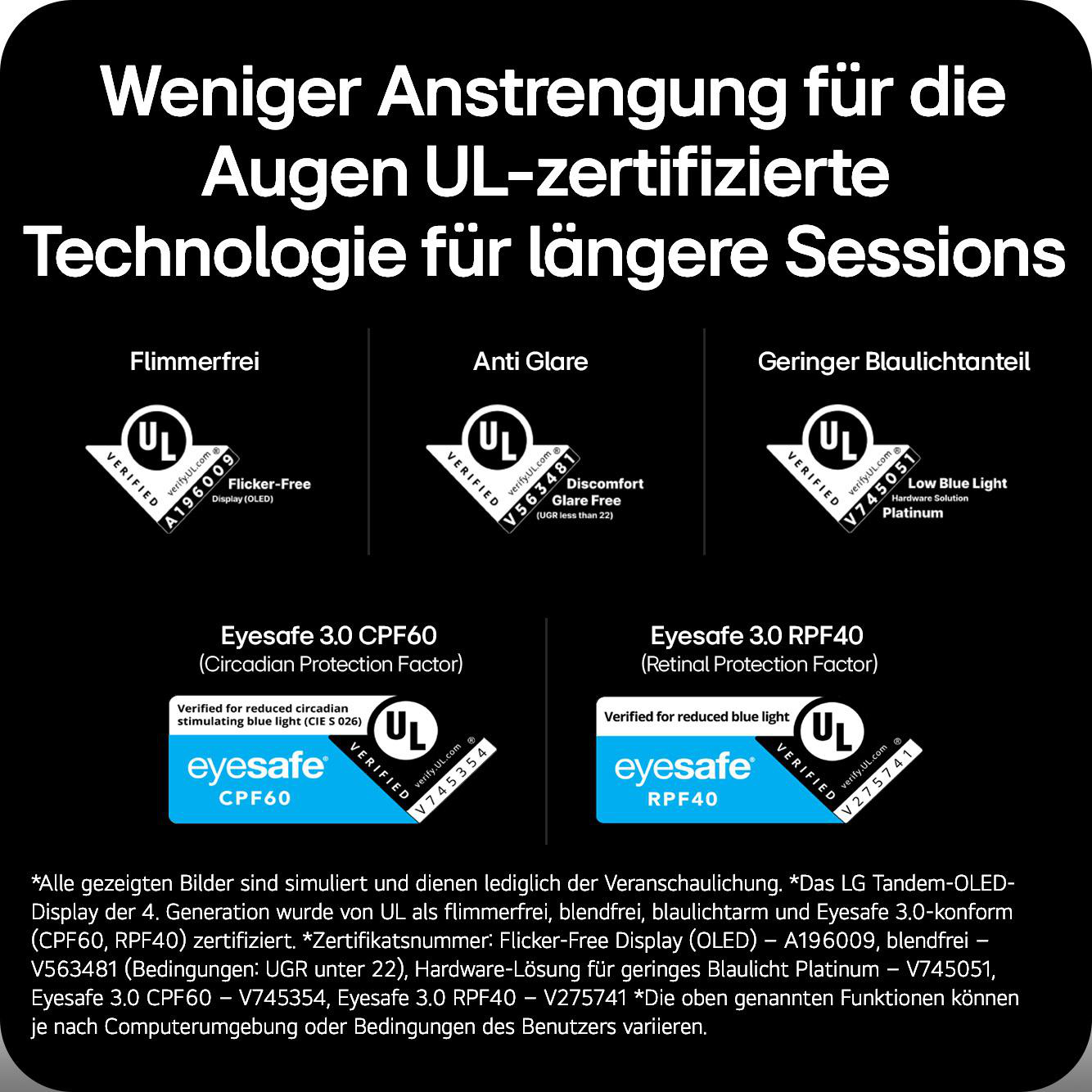 UL-zertifizierte Technologie für Augen: Flimmerfrei, blendfrei, geringer Blaulichtanteil.