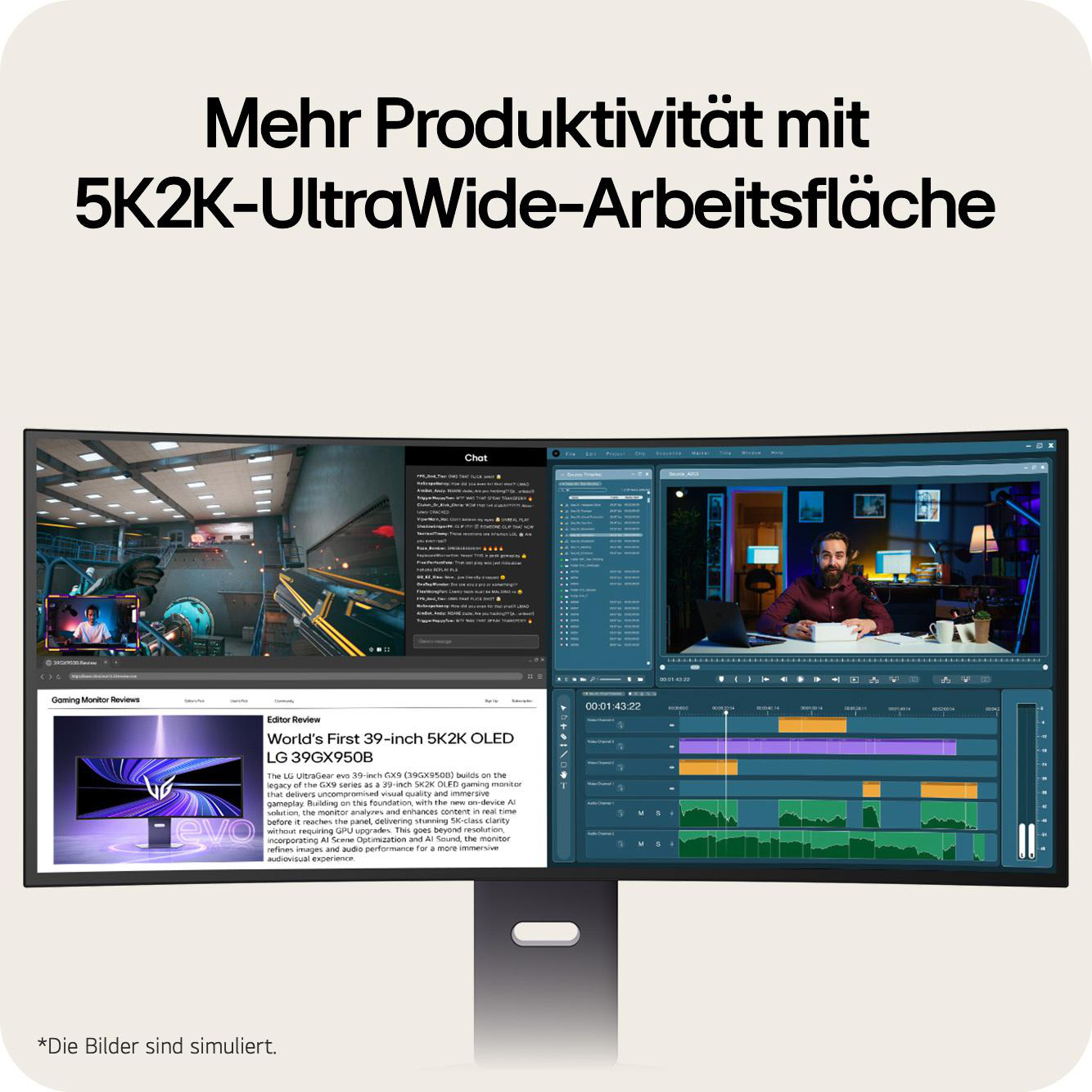 Ein 5K2K-UltraWide-Monitor zeigt ein Gaming-Review, einen Chat und eine Videobearbeitungssoftware.