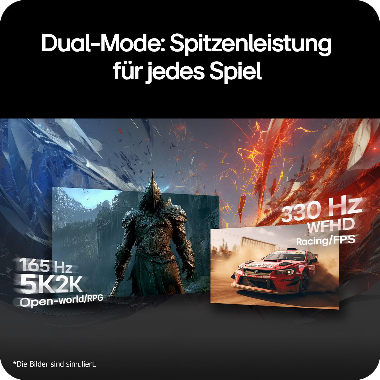 Zwei Spielszenen: links ein Fantasy-Charakter, rechts ein Rennwagen. 165Hz 5K2K, 330Hz WFHD.