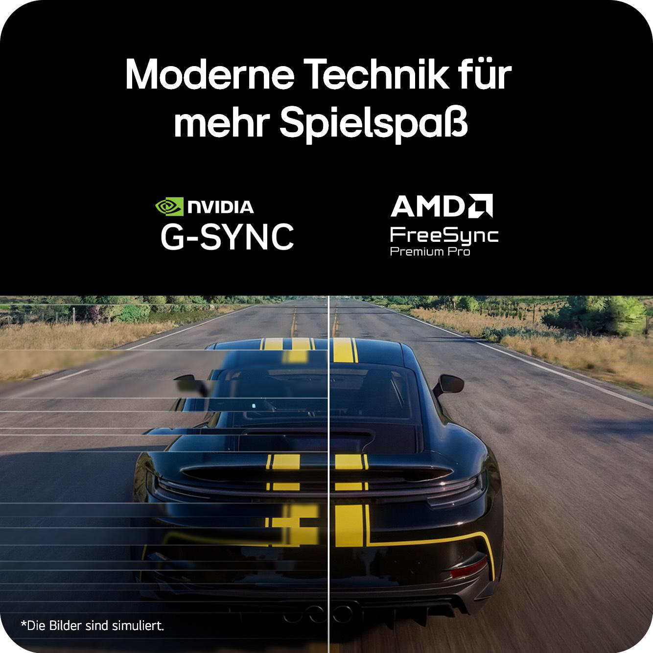 Schwarzer Porsche auf Straße mit NVIDIA G-SYNC und AMD FreeSync Logos.