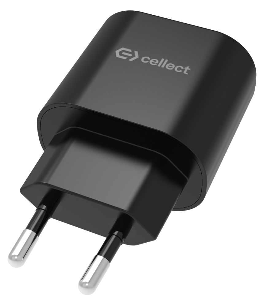 Fekete USB töltődugó két ezüst tűvel és Cellect logóval.