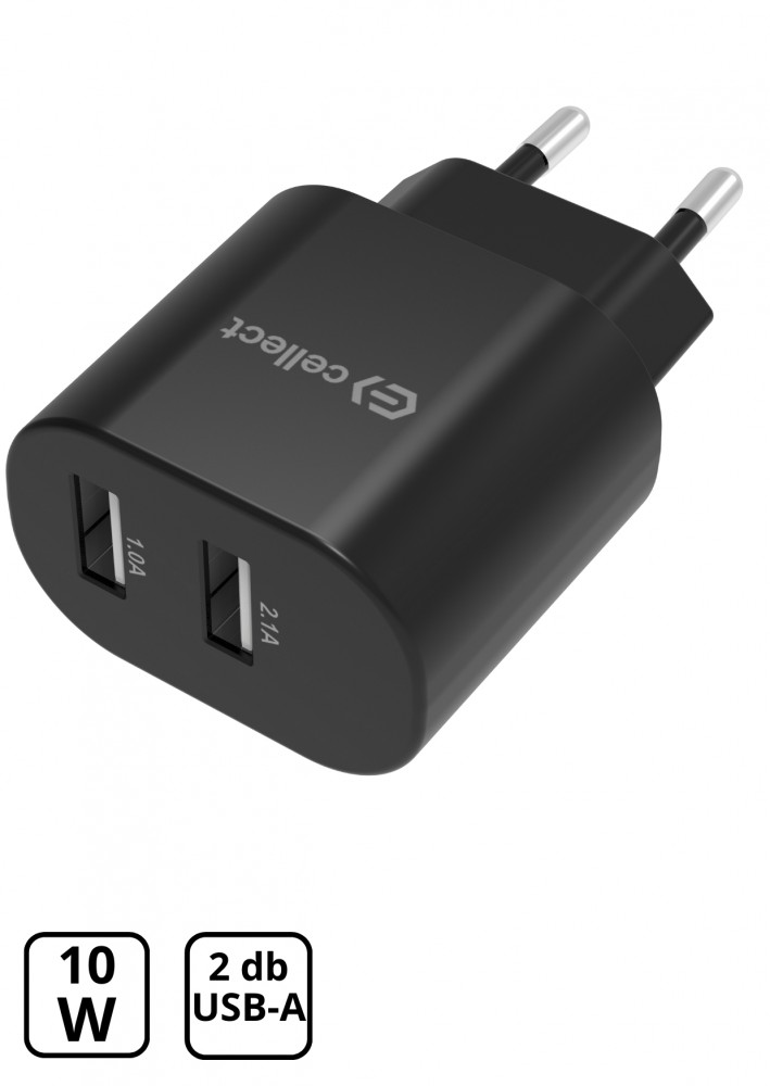 Fekete kettős USB töltőadapter EU-s dugóval és jelölésekkel.