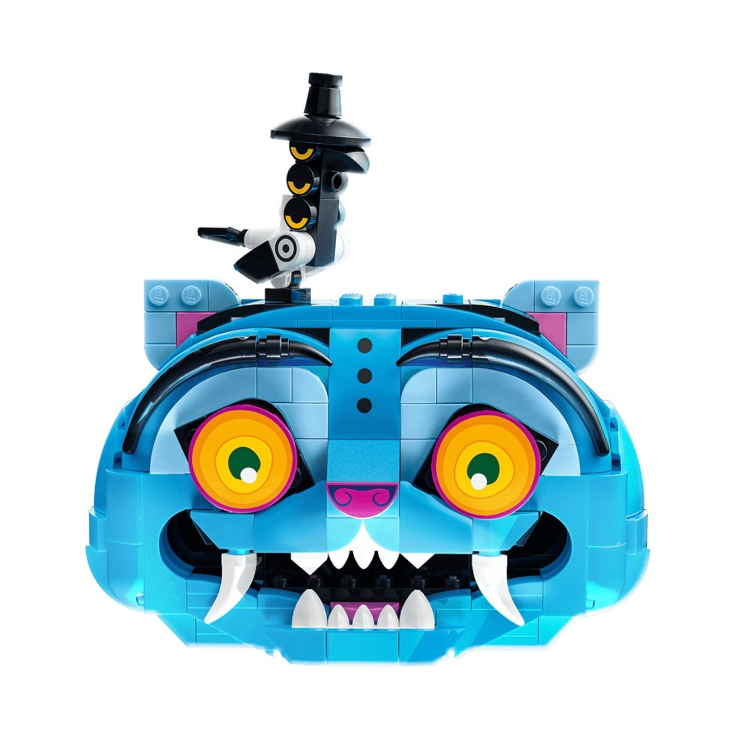 Un gatto Lego blu con grandi occhi gialli e denti aguzzi.