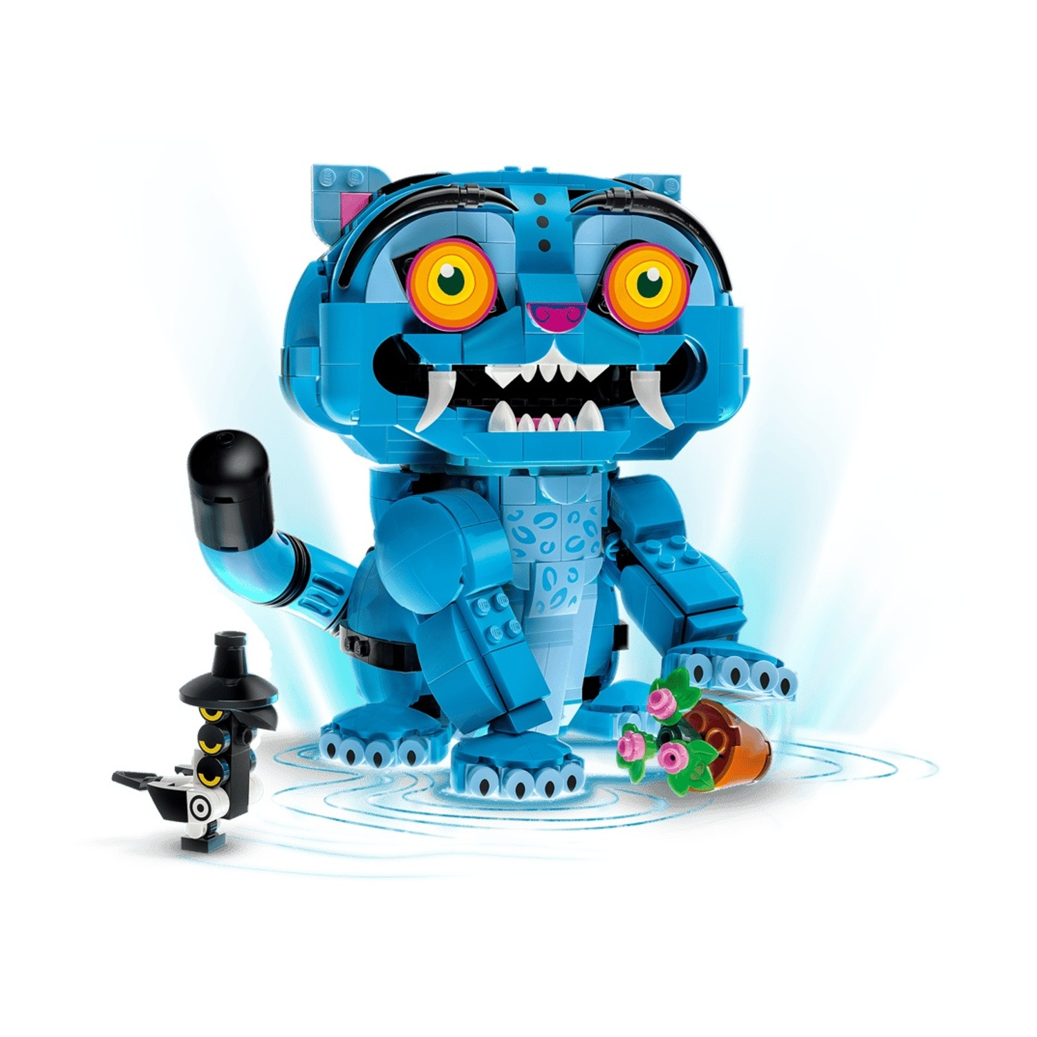 Un robot Lego blu, a forma di gatto, con occhi gialli e denti aguzzi.