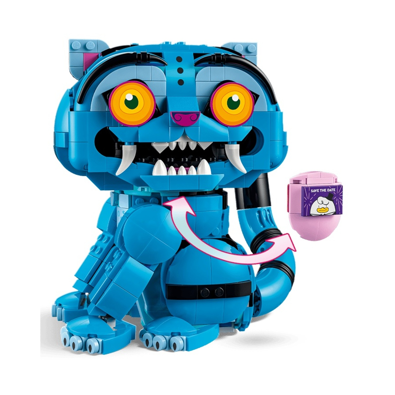 Tigre blu Lego con occhi grandi e denti aguzzi, seduta accanto a un uovo rosa.