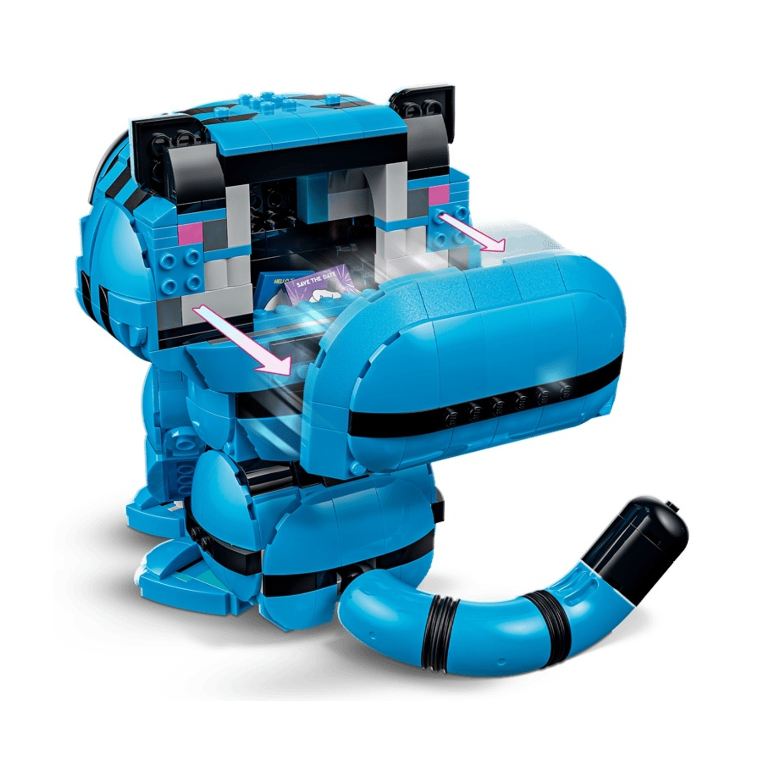 Un robot gatto Lego blu con coda nera e frecce che puntano a un'apertura.