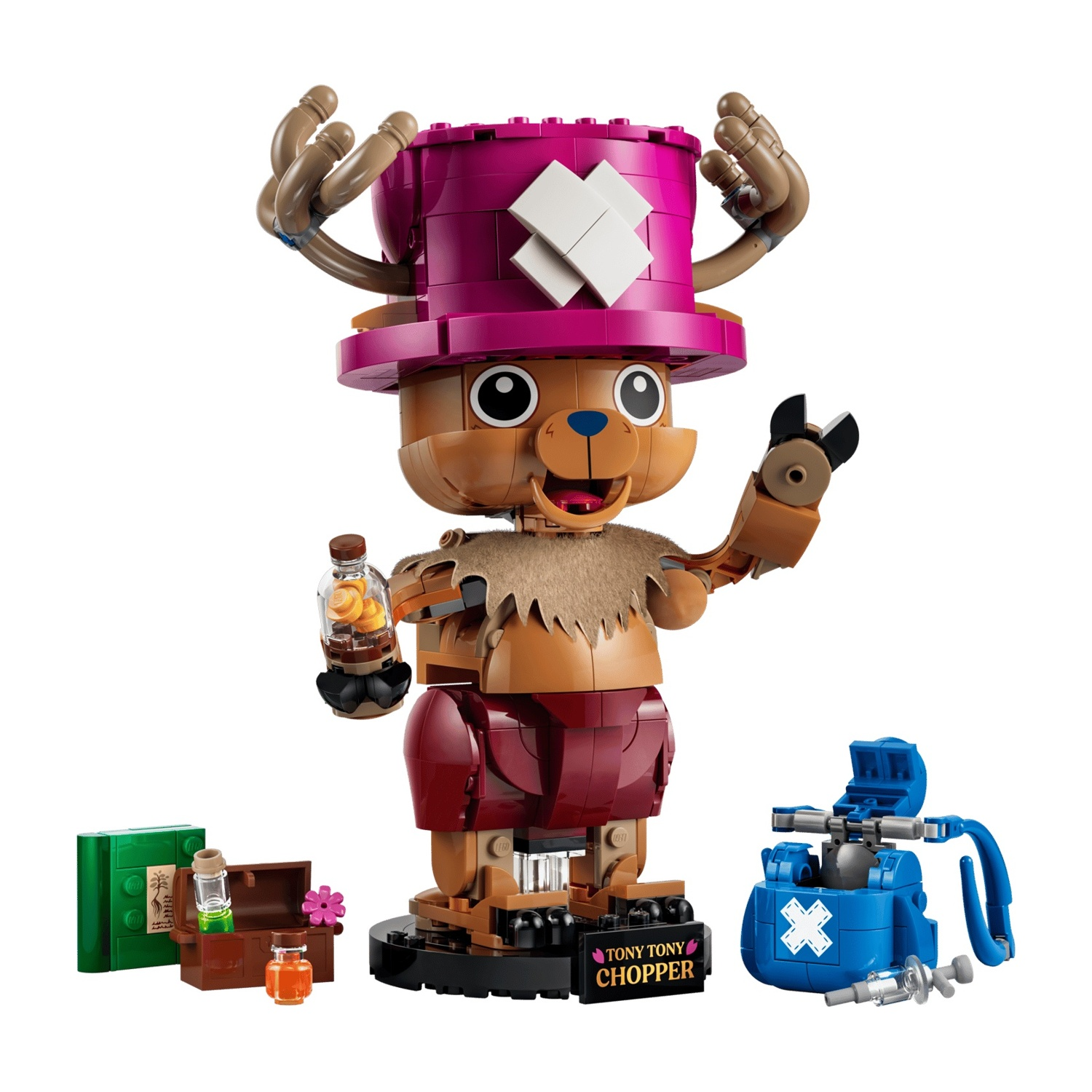 Un modello Lego di Tony Tony Chopper con cappello, bottiglia e dispositivo medico.