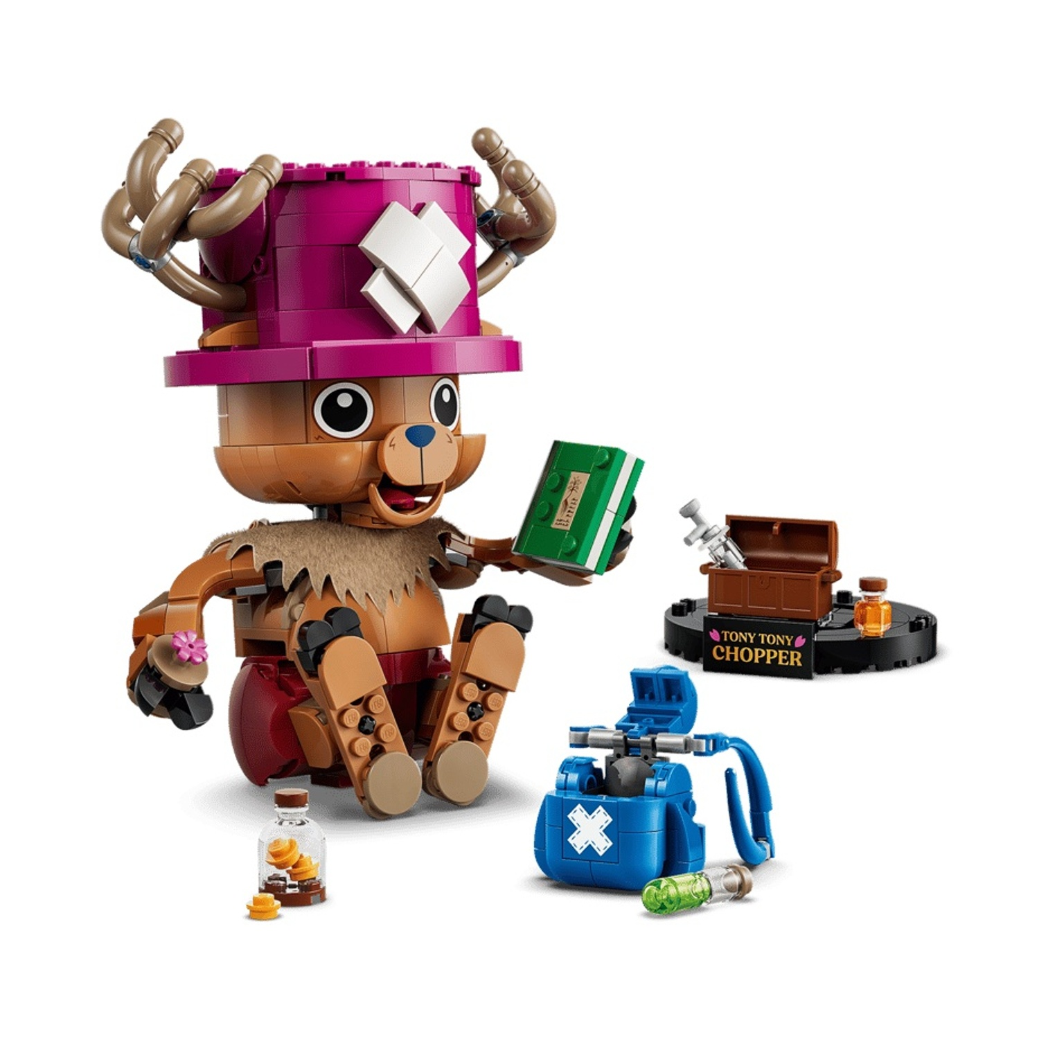 Un modello Lego di Tony Tony Chopper con libro, borsa medica e forziere.