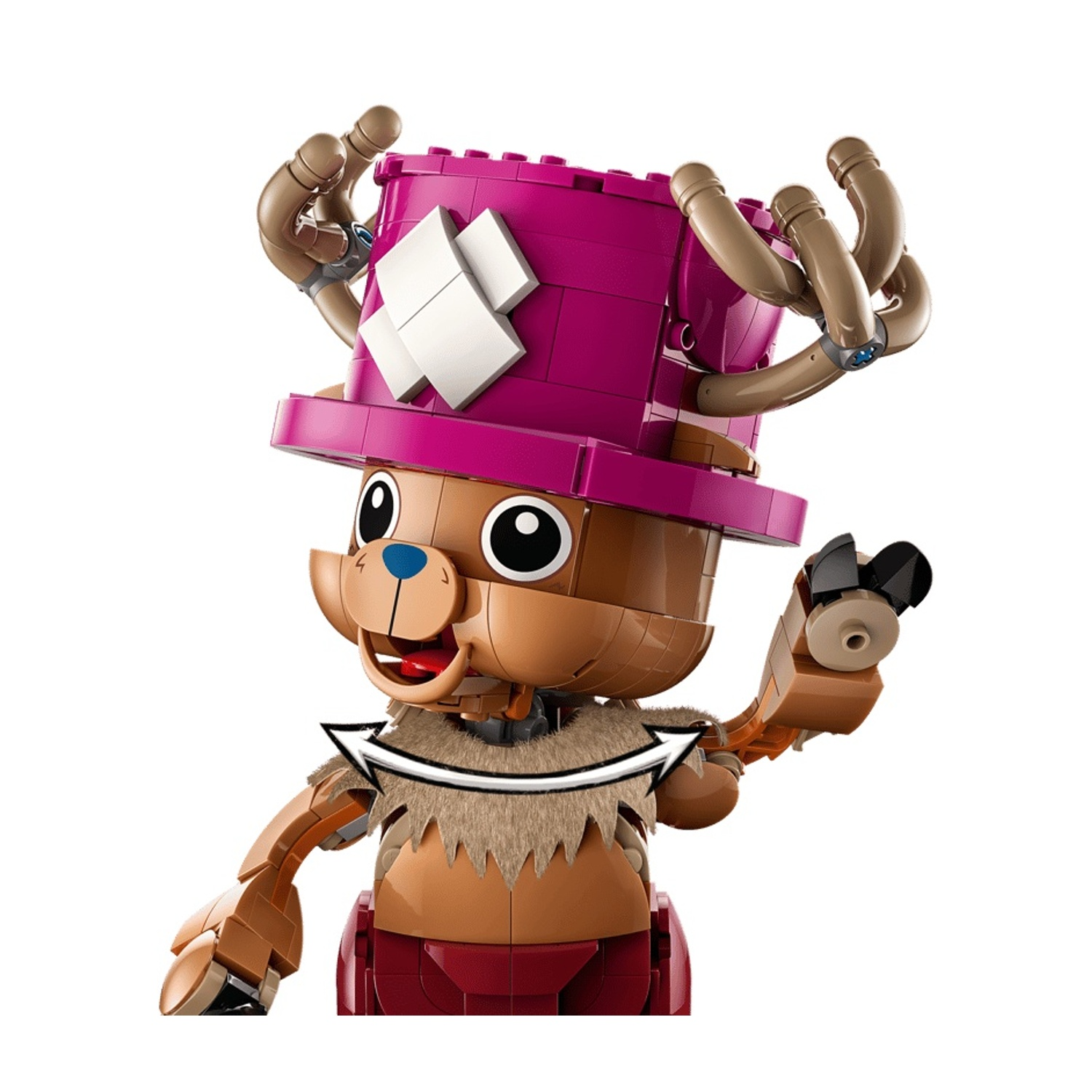 Un personaggio Lego marrone con cappello rosa e corna.