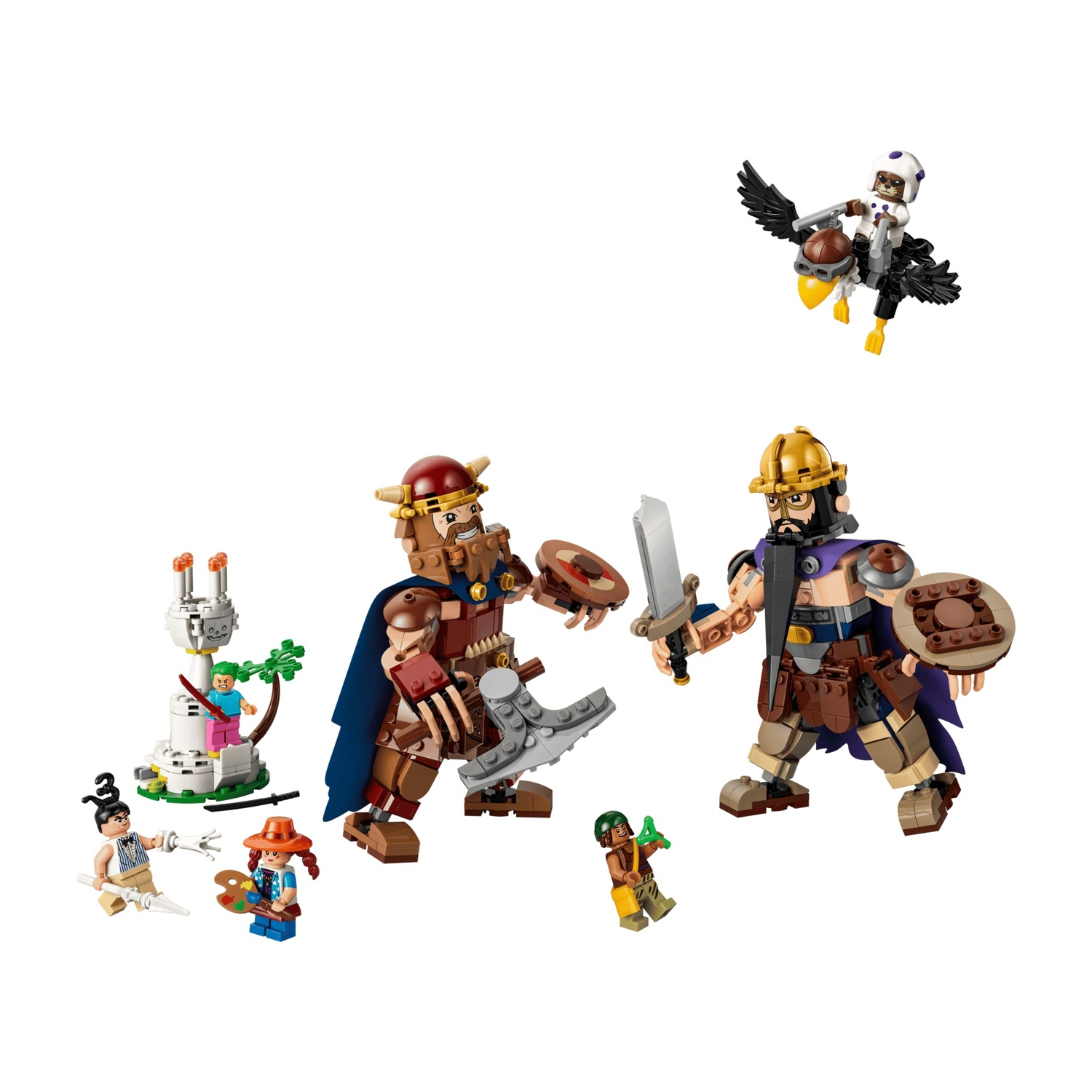 Figure Lego: due giganti, un cavaliere su un uccello, un pittore e un guerriero.