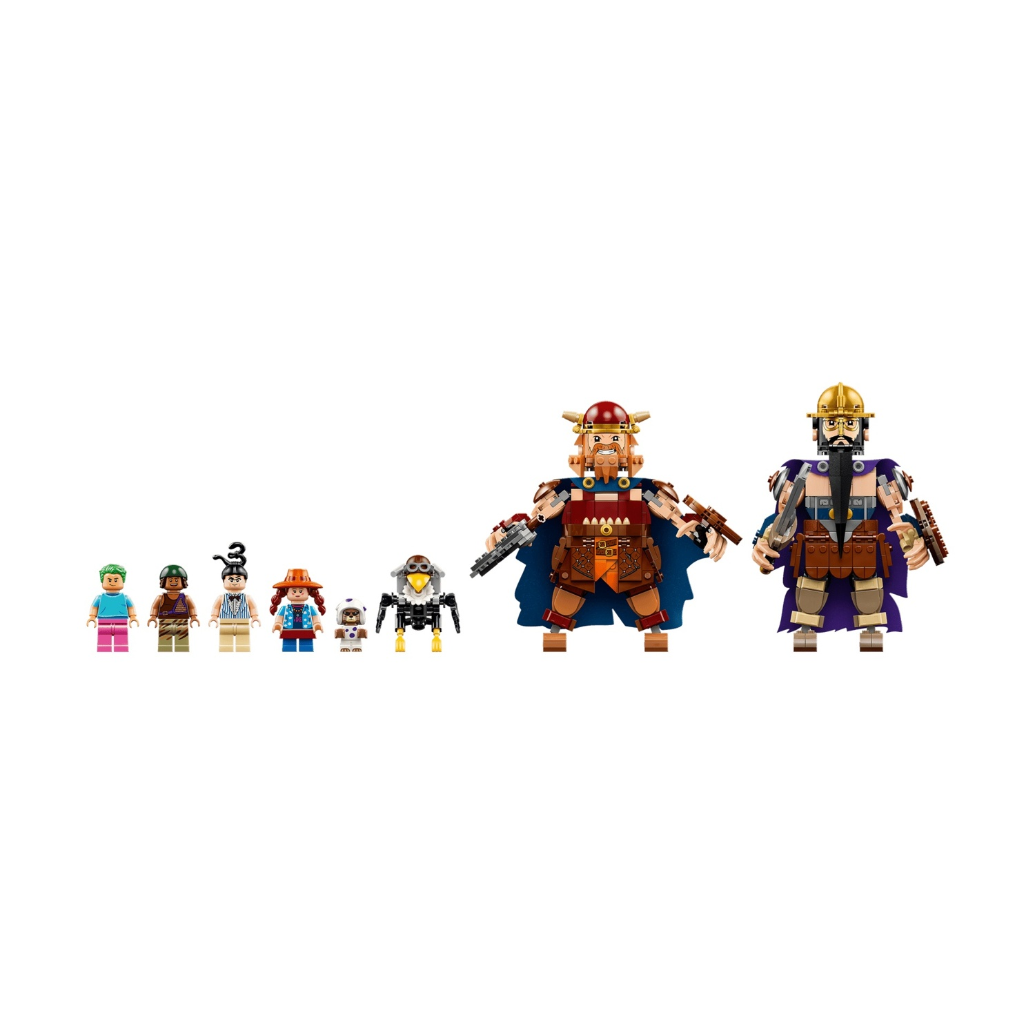 Personaggi Lego: bambini, guerrieri, robot uccello e giganti.