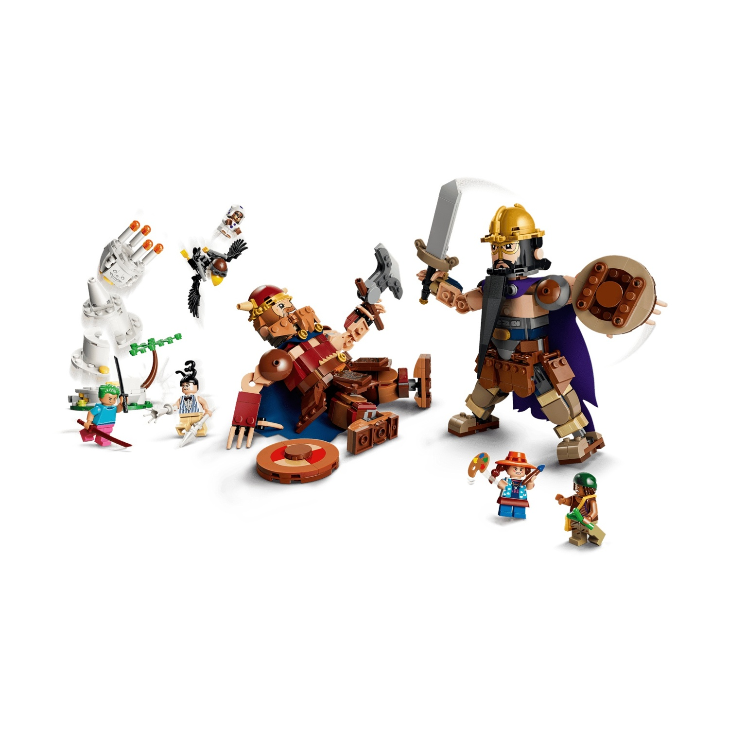Figure Lego con giganti, armi e una creatura in battaglia.