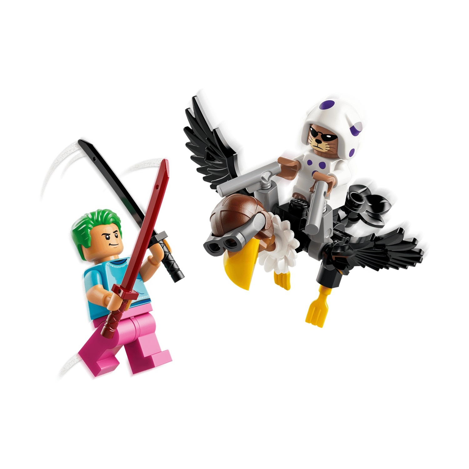 Una figura Lego con capelli verdi e spade affronta un'aquila con un cavaliere.