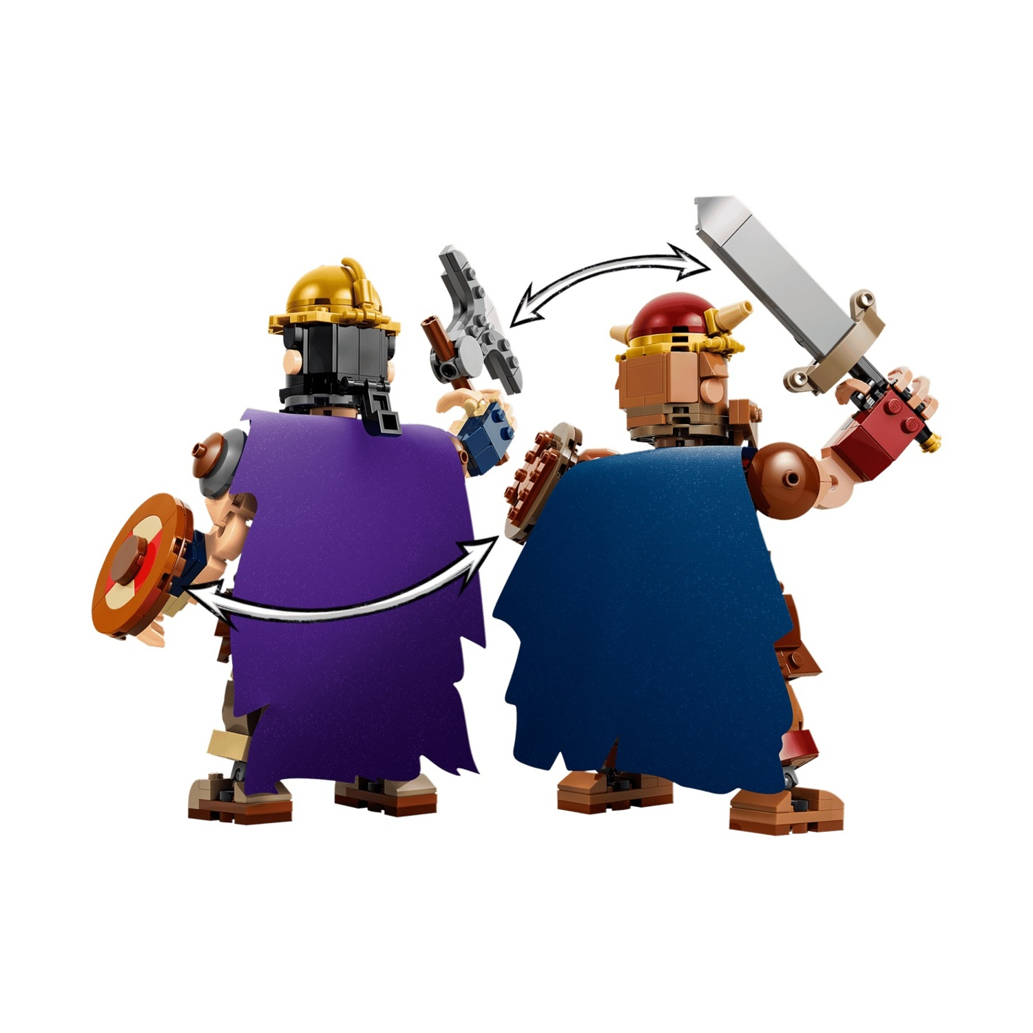 Due minifigure vichinghe Lego con spade, scudi e mantelli su sfondo bianco.