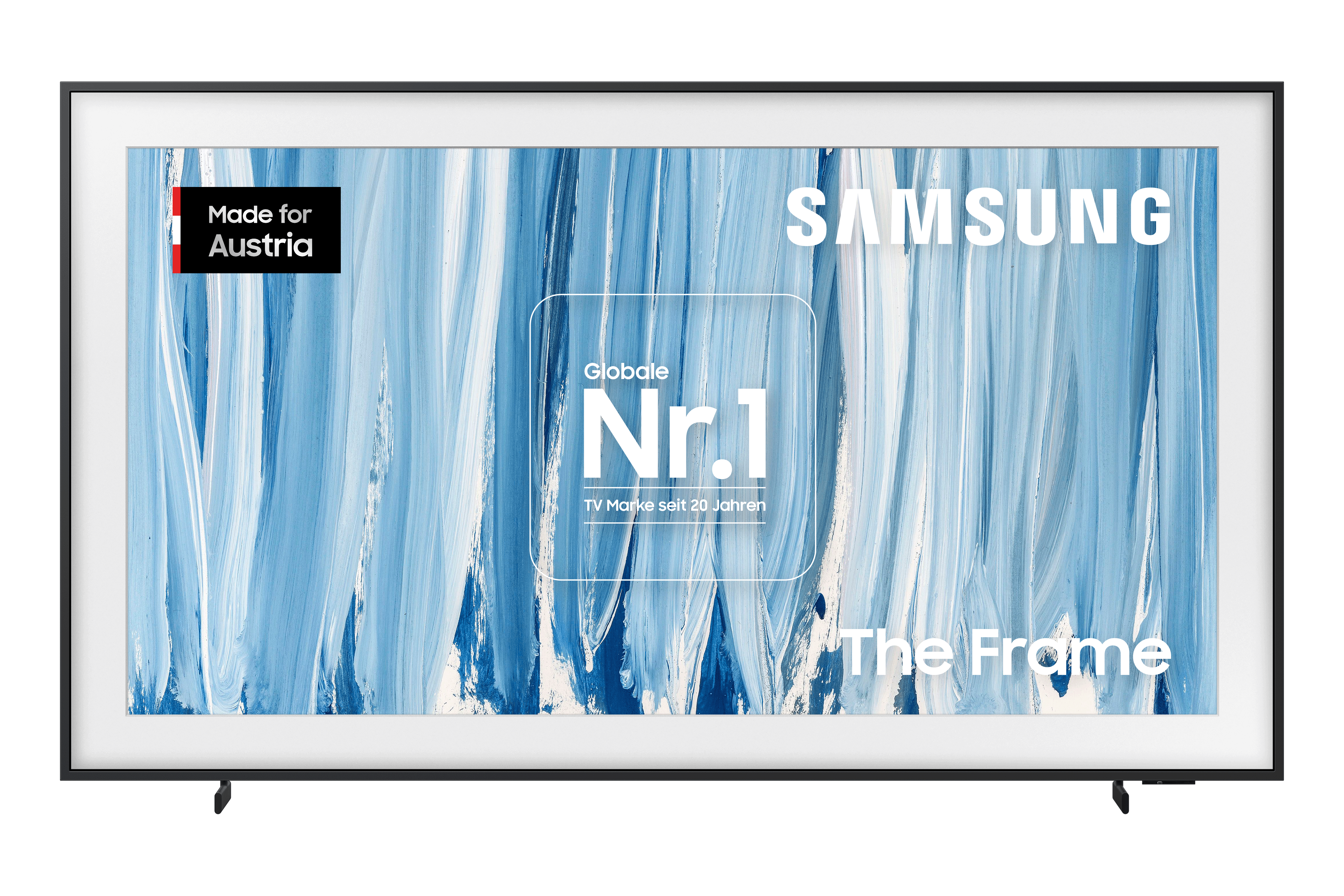 Ein Samsung Fernseher mit abstraktem blauen Bild, Made for Austria, Nr.1.
