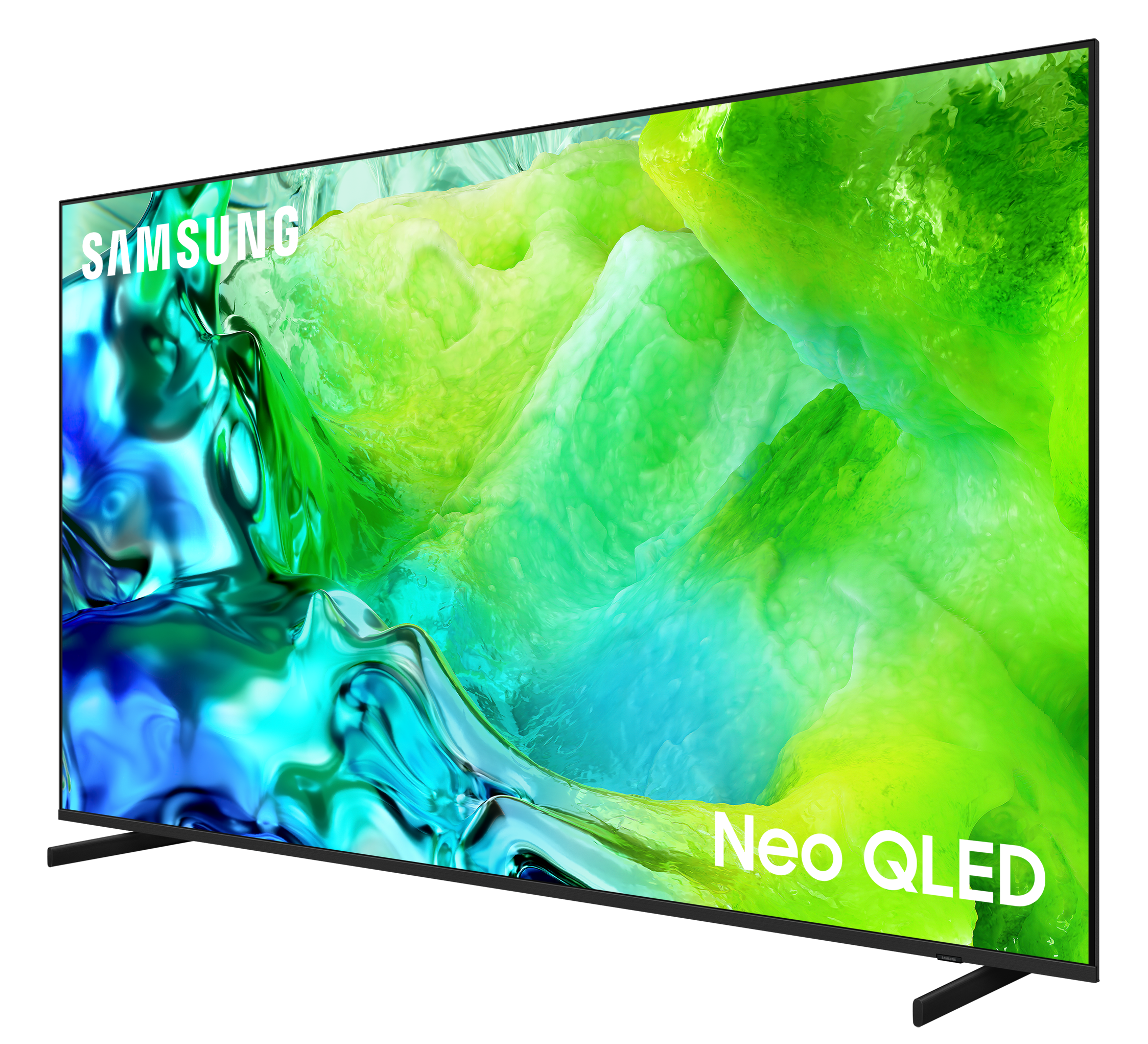 Telewizor Samsung Neo QLED wyświetlający abstrakcyjny obraz zielono-niebieski.
