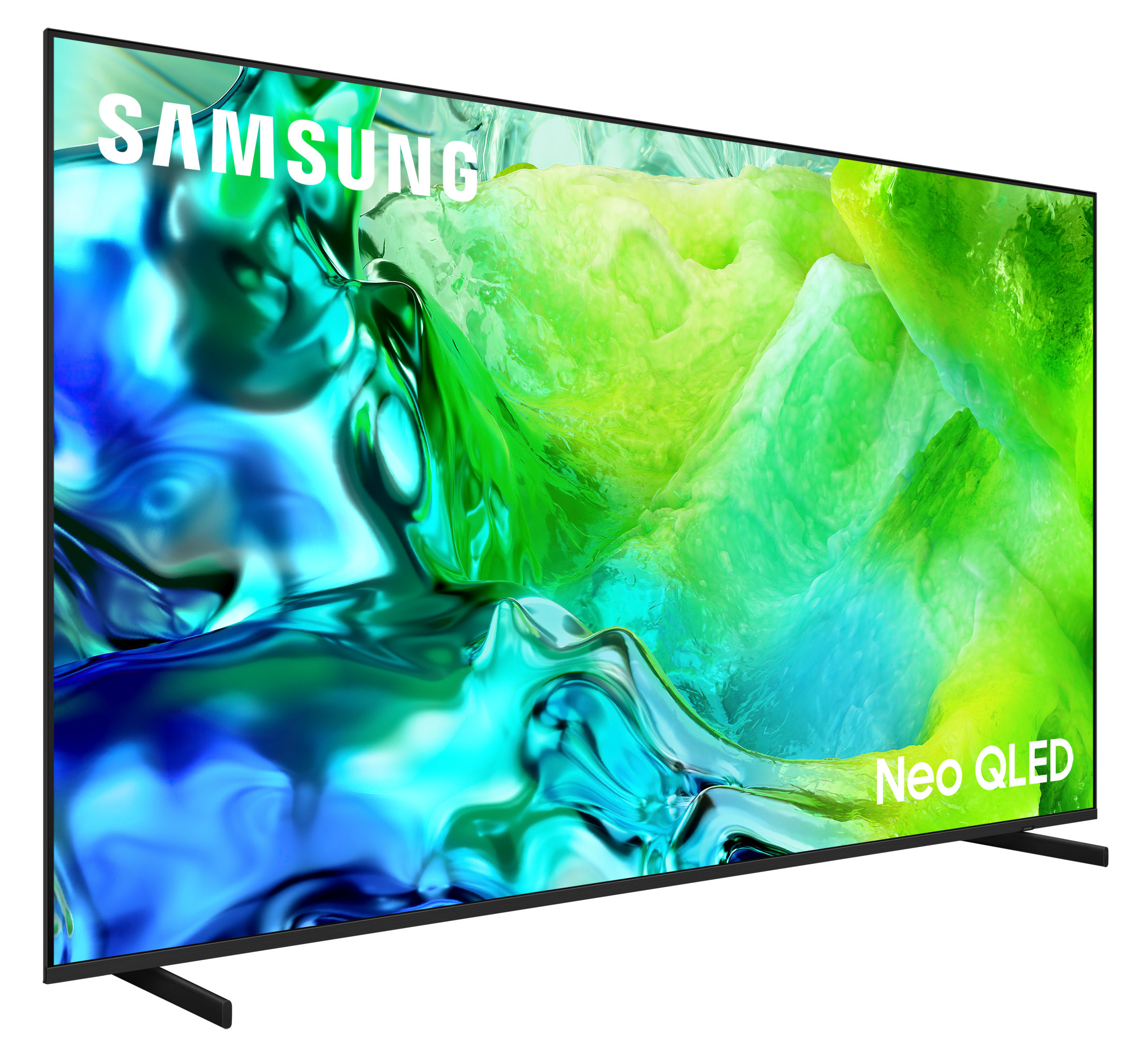 Telewizor Samsung Neo QLED z abstrakcyjnym zielono-niebieskim ekranem.