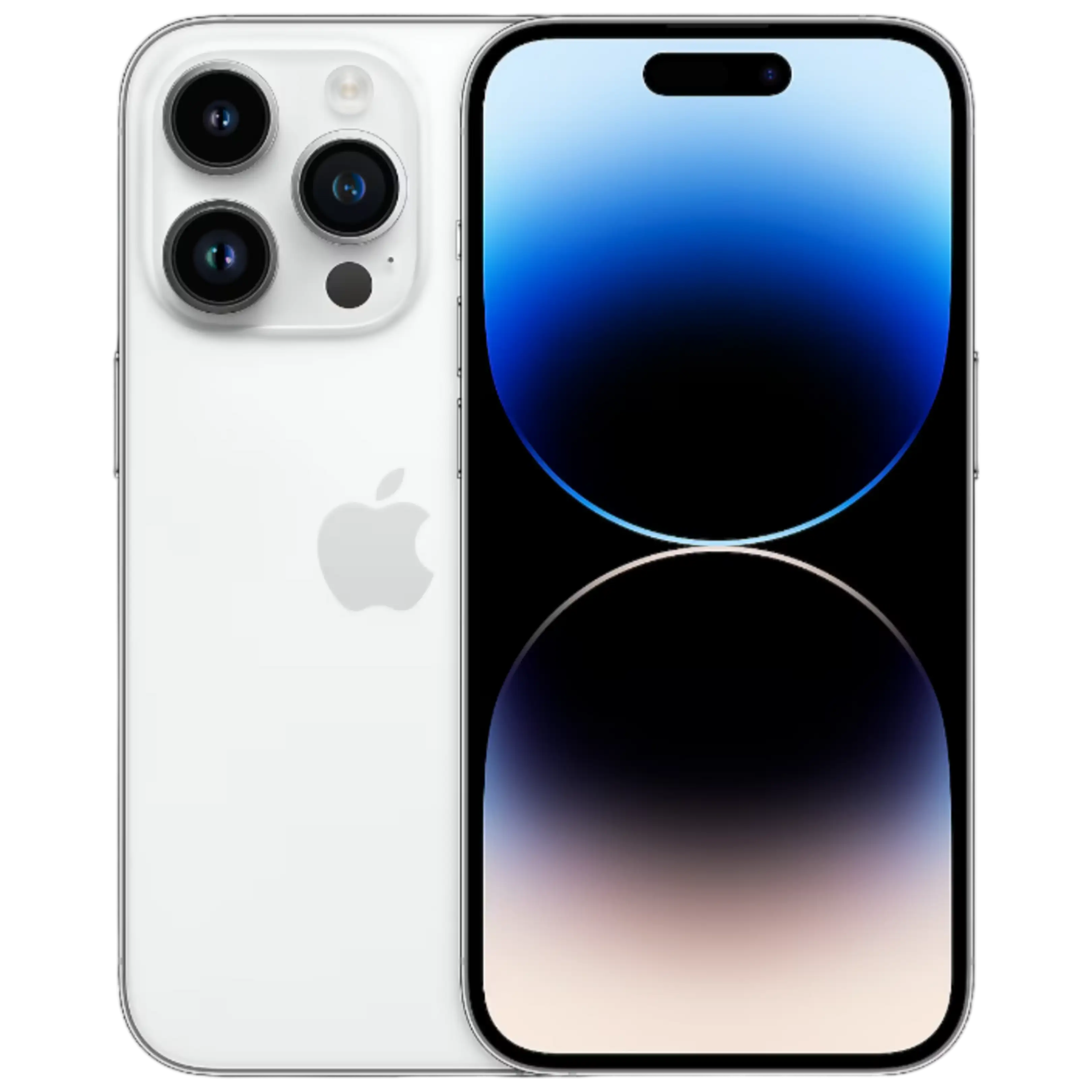 Arkada üç kamerası olan beyaz bir iPhone 14 Pro.