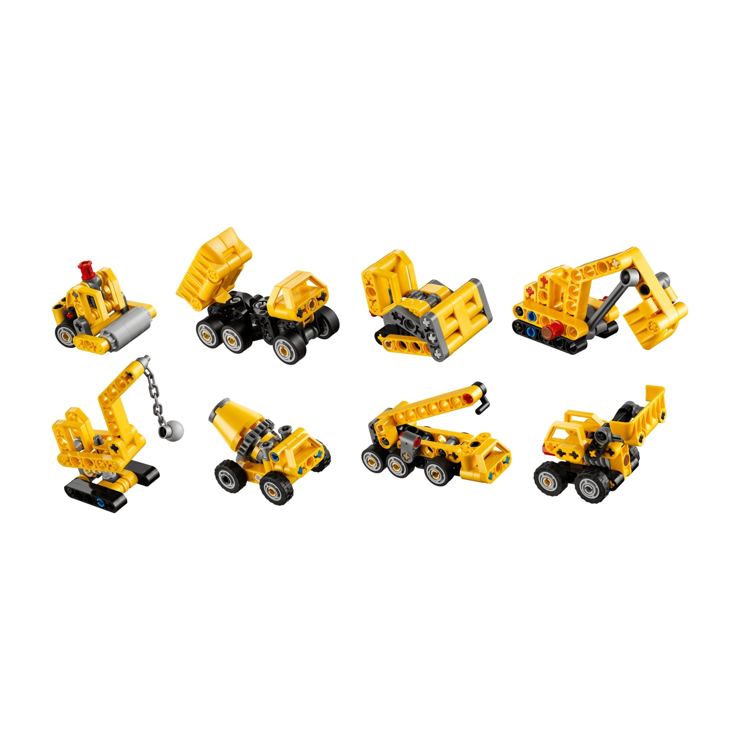 Veicoli da cantiere giocattolo gialli: rullo, dumper, escavatore, gru, betoniera.
