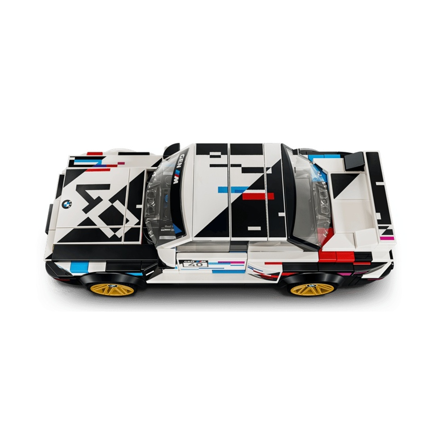 Un'auto Lego bianca con grafica geometrica nera e colorata e ruote dorate.