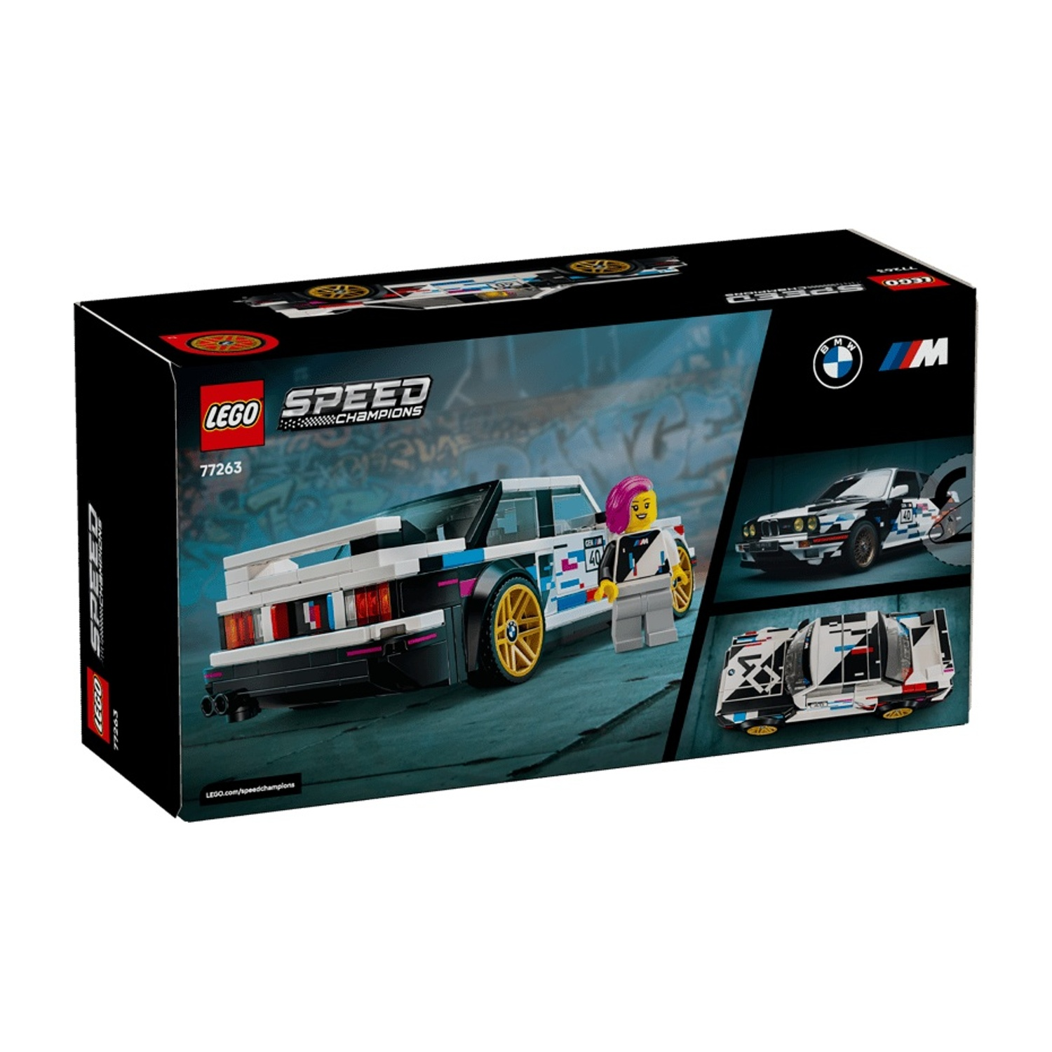 Scatola Lego Speed Champions BMW M3 da corsa con minifigure e sfondo circuito.