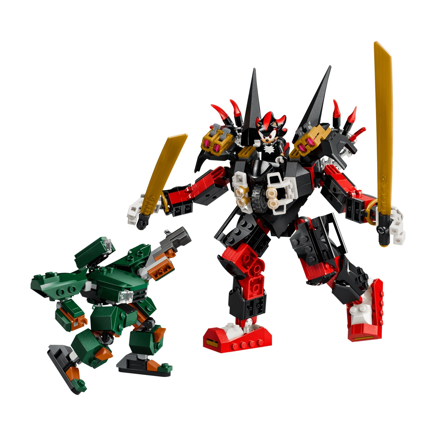 Un mech verde e uno rosso/nero grande con spade gialle.