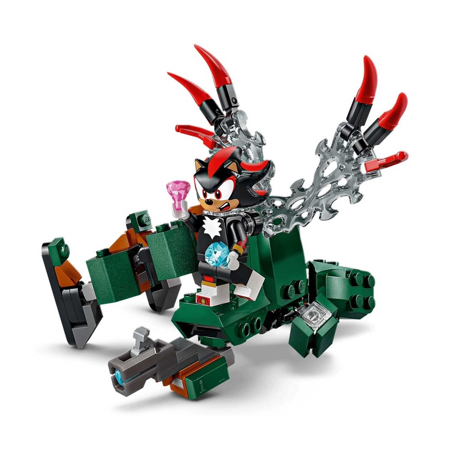 Un personaggio Lego di Shadow the Hedgehog siede su un mech verde con artigli rossi.