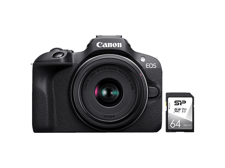 CANON EOS R100 Kit + SD Karte Systemkamera mit Objektiv 18-45 mm, 7,62 cm Display, WLAN